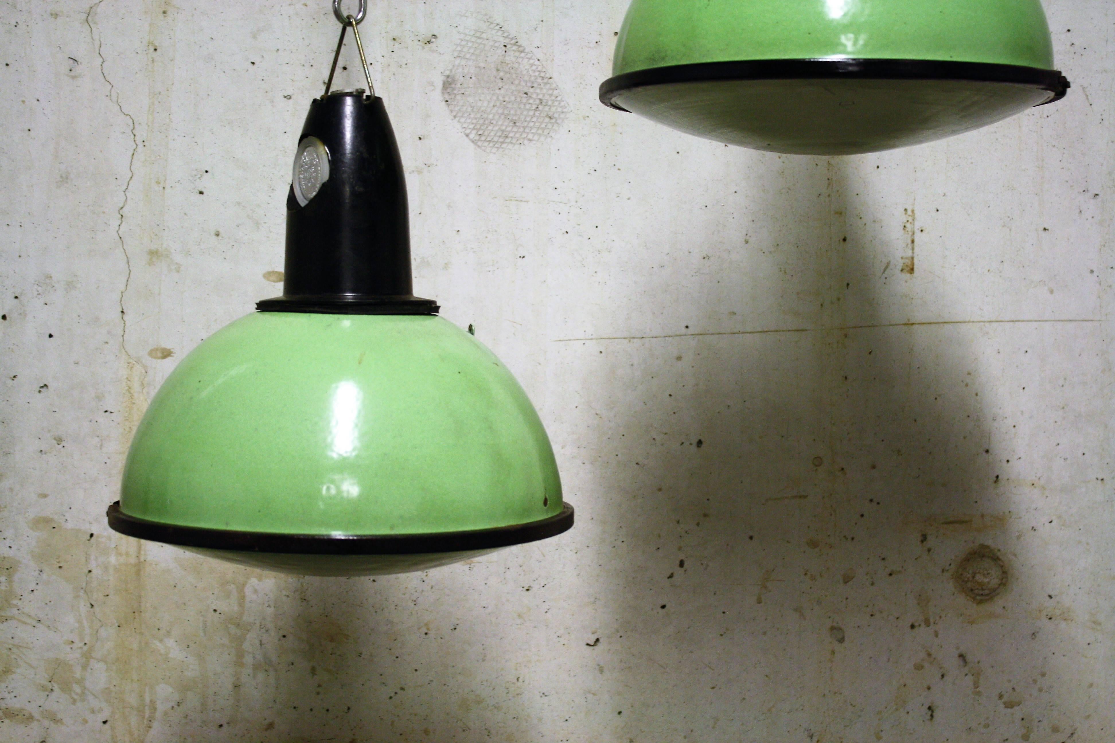 Metal Green Industrial Pendant Lights with Glass, 1960s For Sale