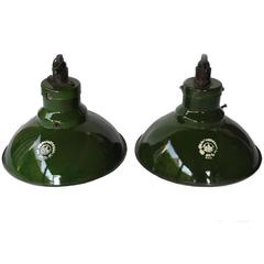 Pair of Small Green Enamel Pendant Lights, 1950s