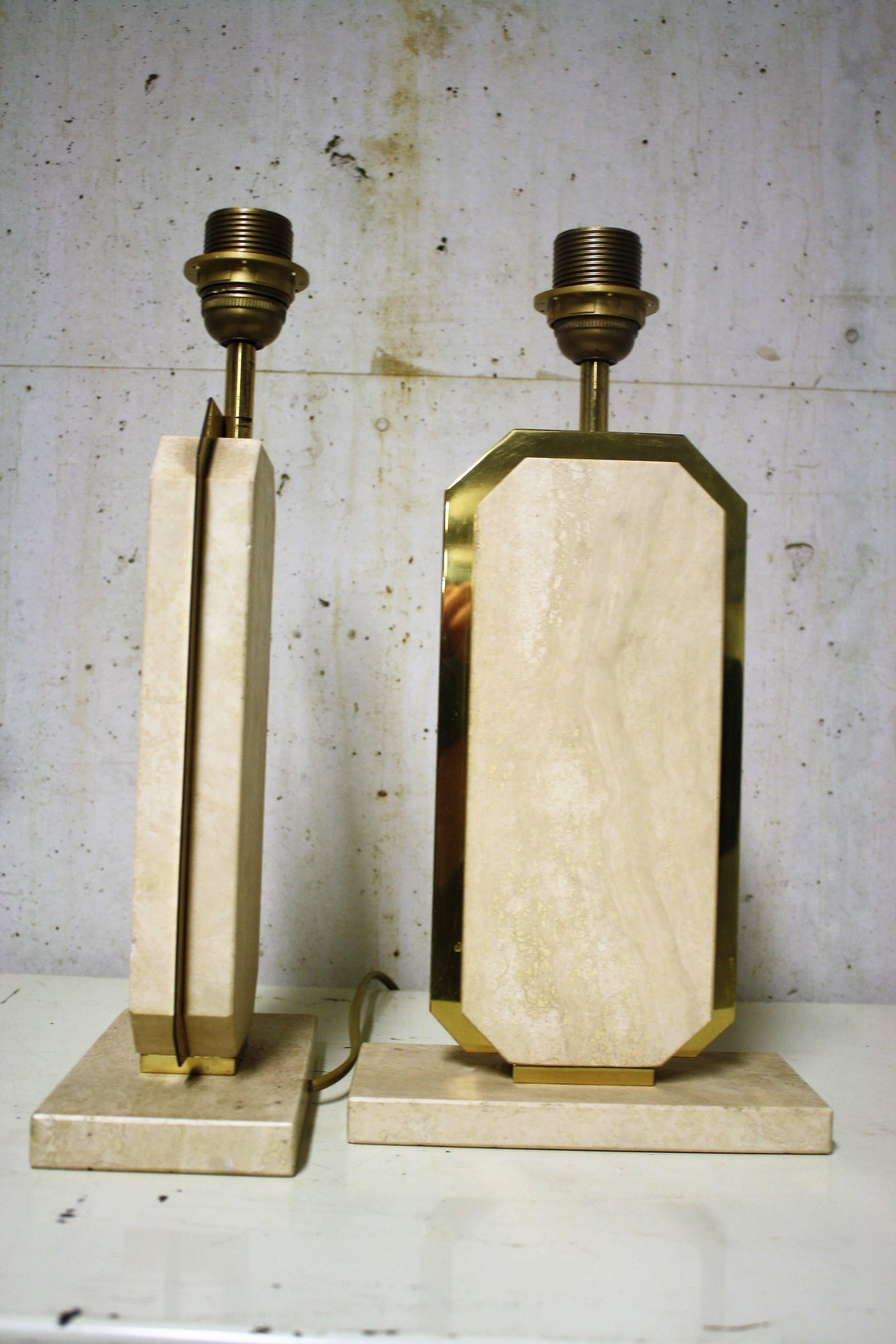 Pair of Italian Travertine and Brass Table Lamps, 1970s In Good Condition In Sint Joris Weert, BE