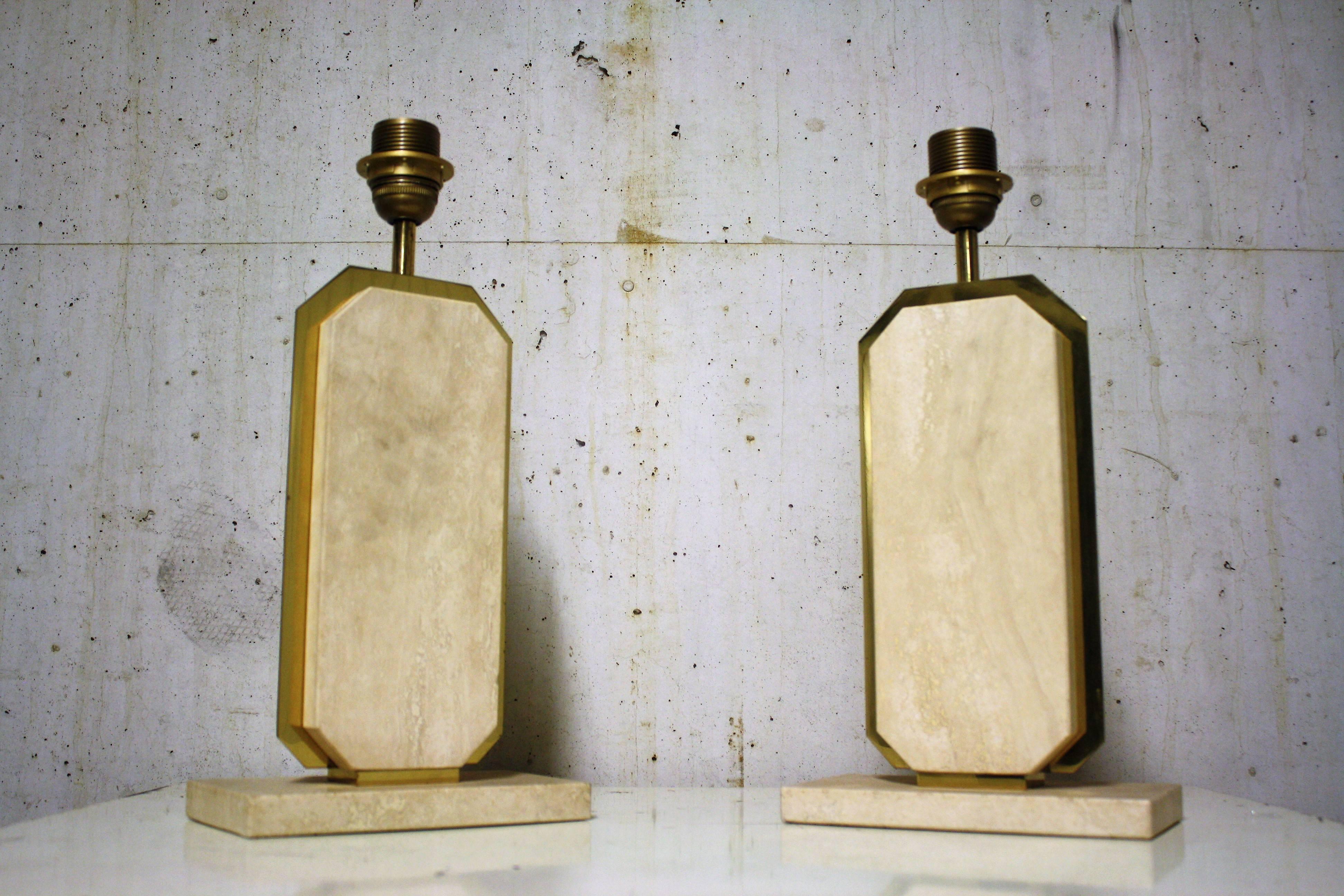 Pair of Italian Travertine and Brass Table Lamps, 1970s 3