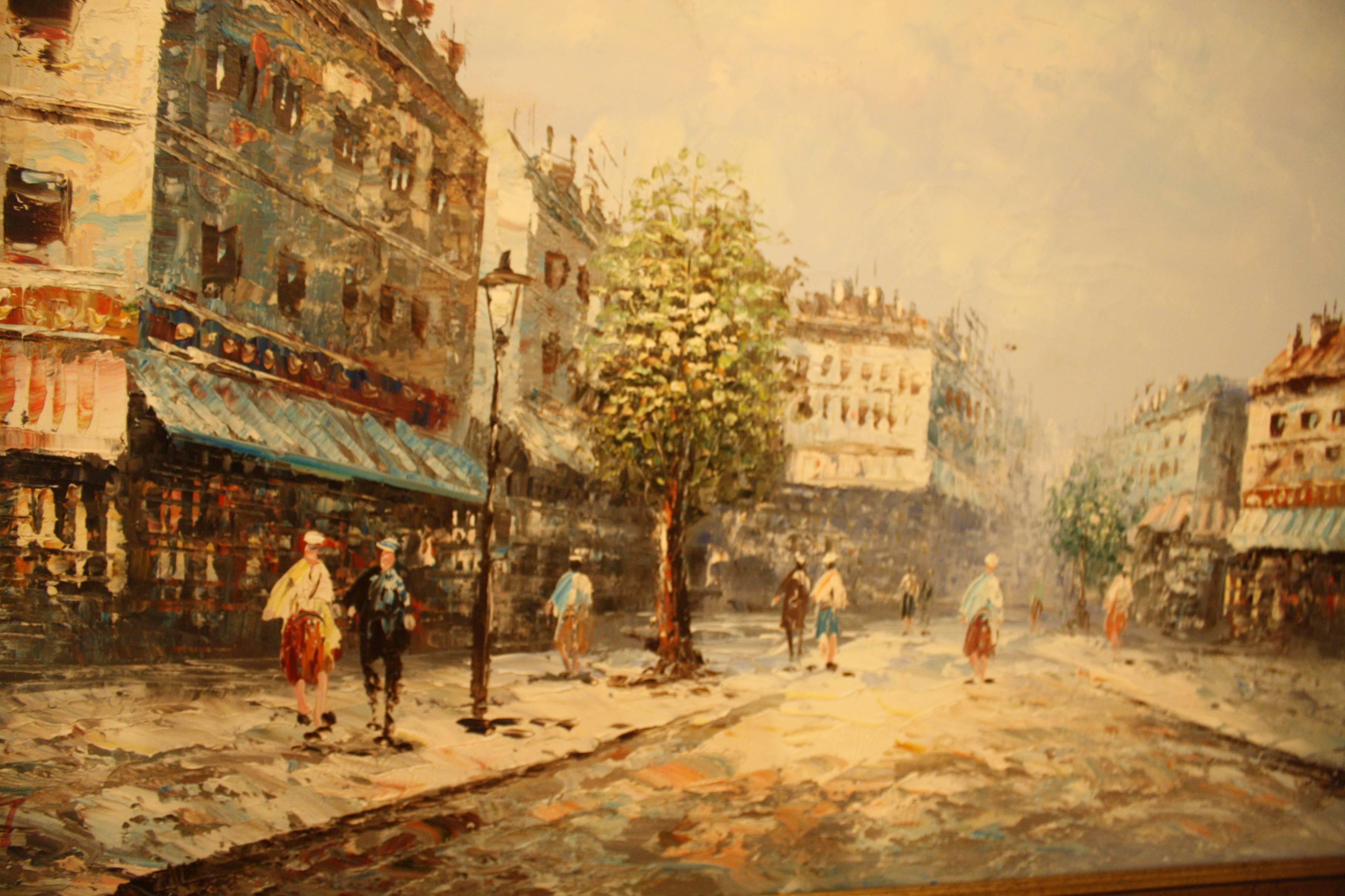 Folk Art C. Burnett, Parisian street scene oil on canvas late 19th century For Sale