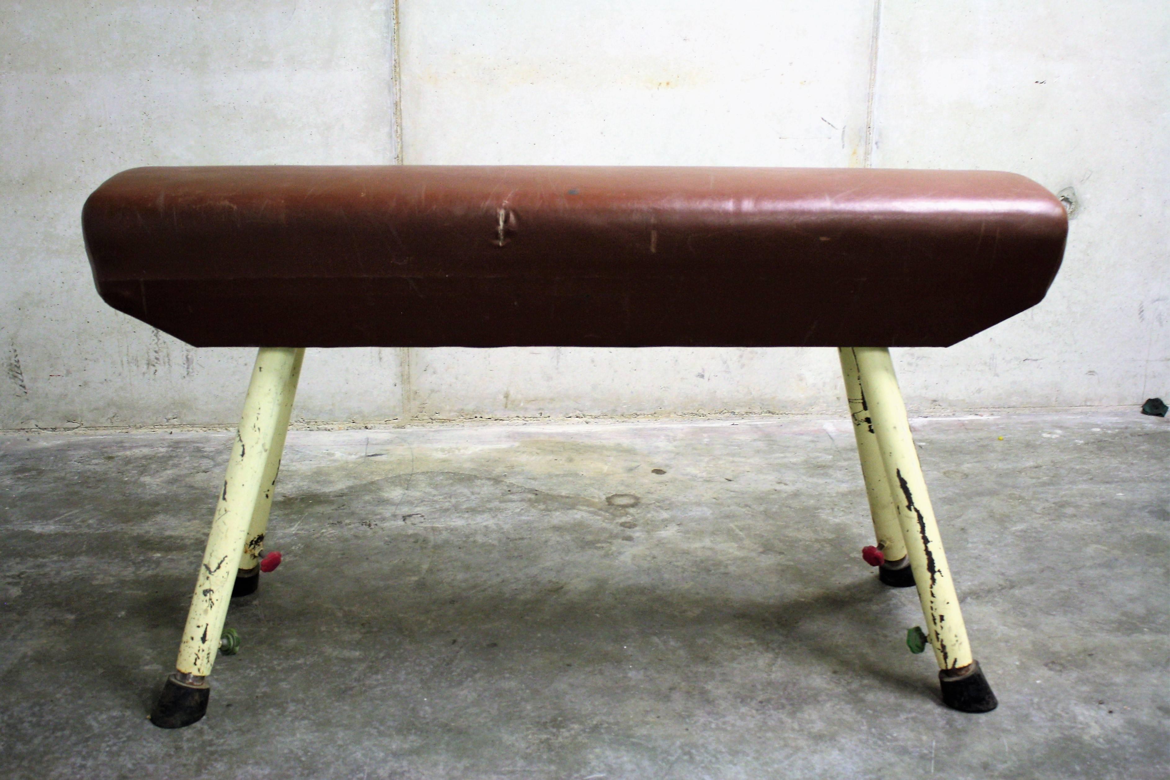 Vintage adjustable pommel horse salvaged from an old school.

This pommel horse made from skai on a cast iron base which is adjustable.

This item was recovered from a soviet school.

It would make a great piece for in a shop.

It has a