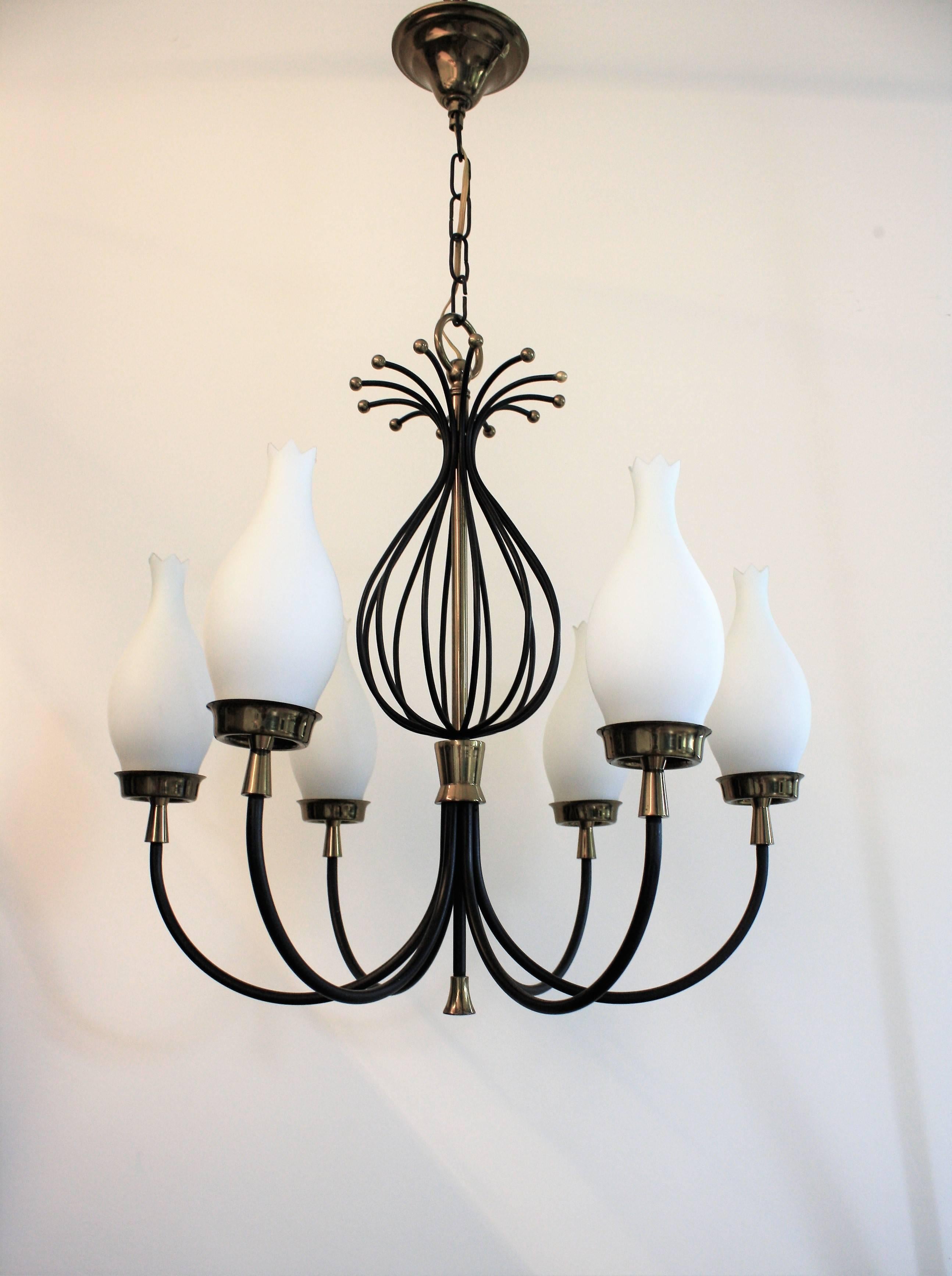 Well designed Italian Stilnovo style chandelier with six arms.

The chandelier is made from black metal with brass shade holders and brass finishes at the bottom and top.

The white glass shades are finely detailed.

1950s, Italy

Tested and
