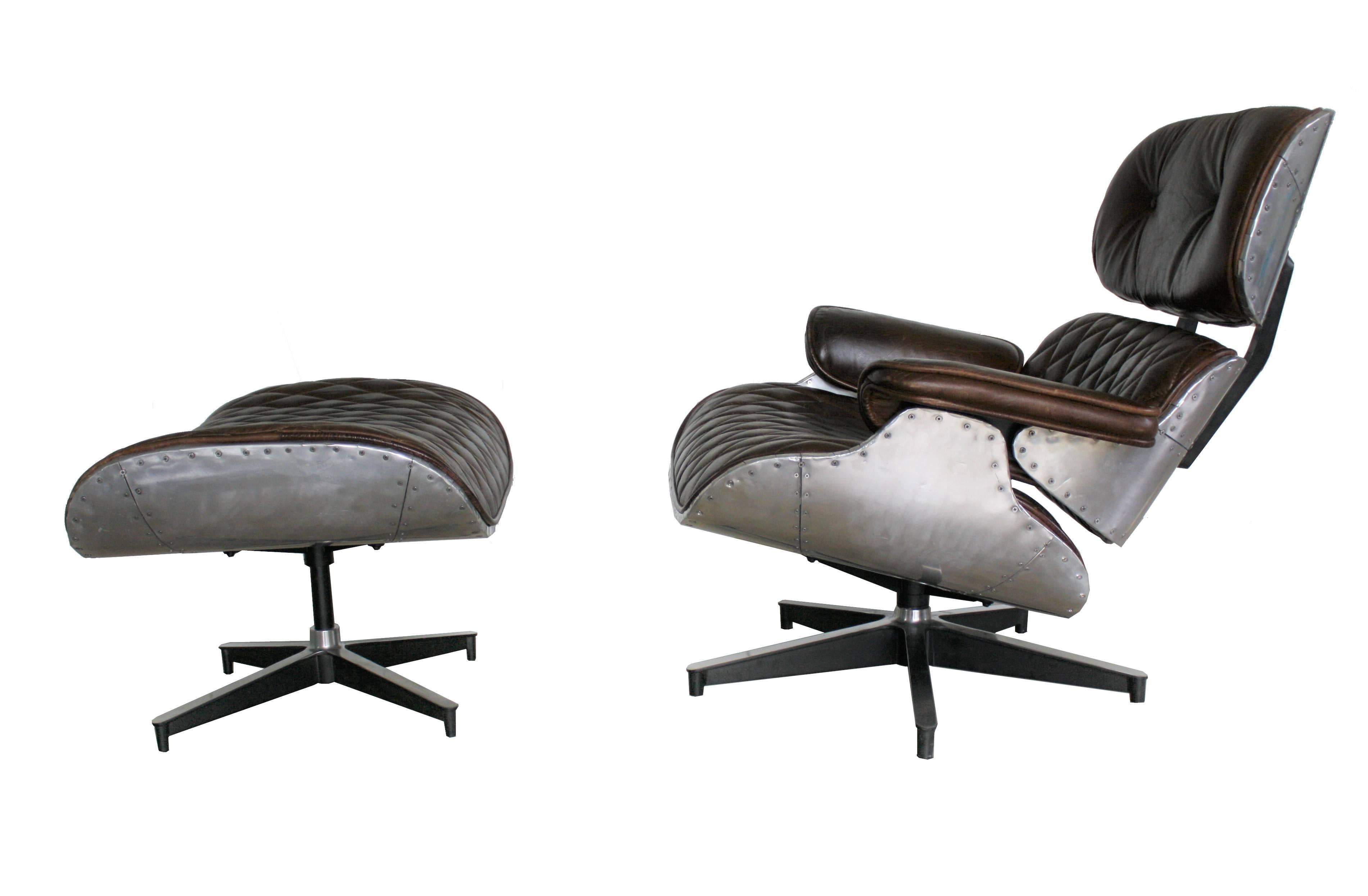 Exclusive handmade aviator style leather eames lounge chair and ottoman.

The frame is made from aluminium plates and carefully mounted around the chair.

Aluminium was widely used in the 1950s for boats, cars mobilhomes and most commonly for