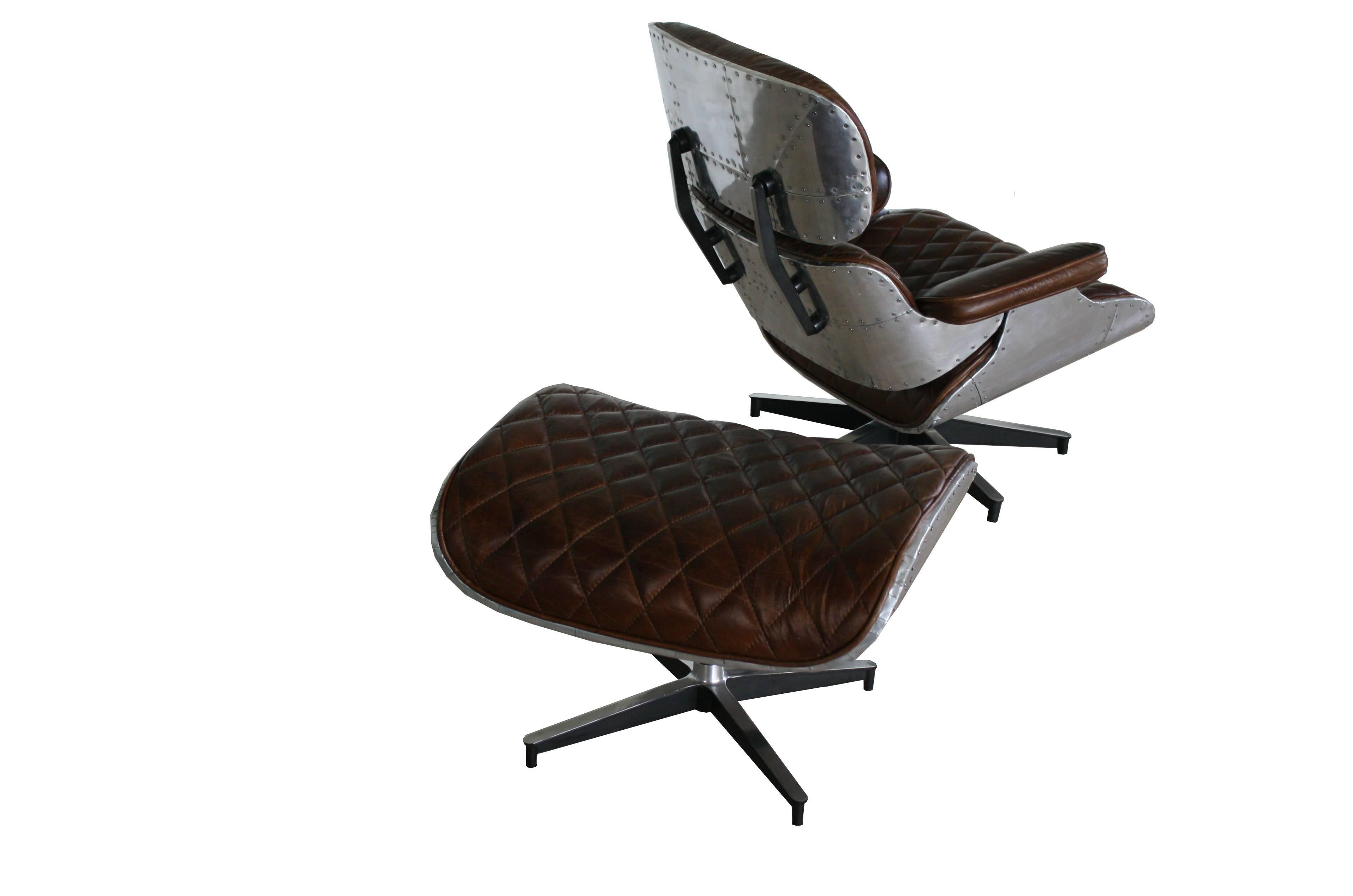 Industrial Eames Style Lounge Chair and Ottoman Aviator Style For Sale