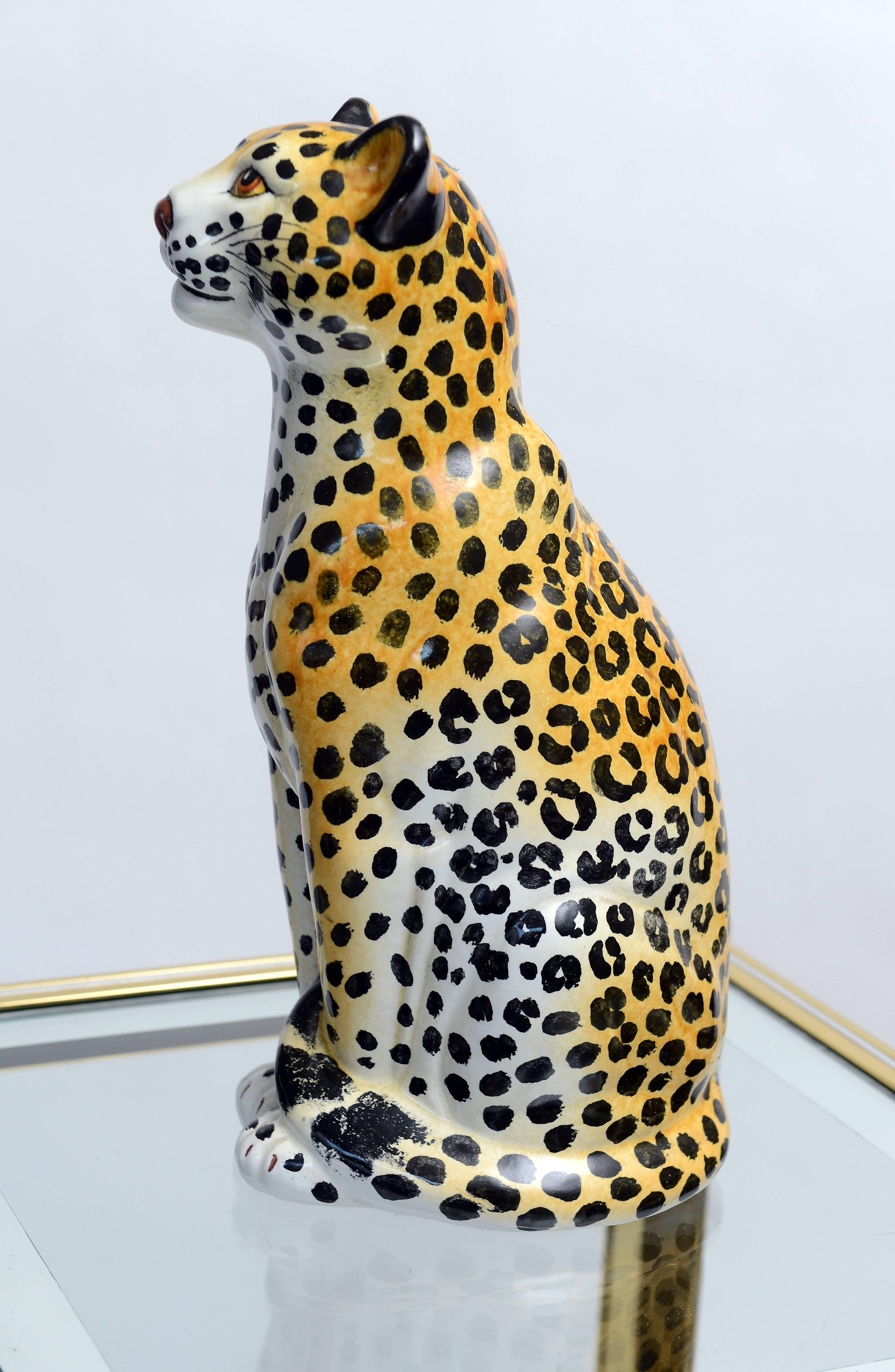 Glazed Italian Midcentury Ceramic Leopard Sculpture For Sale