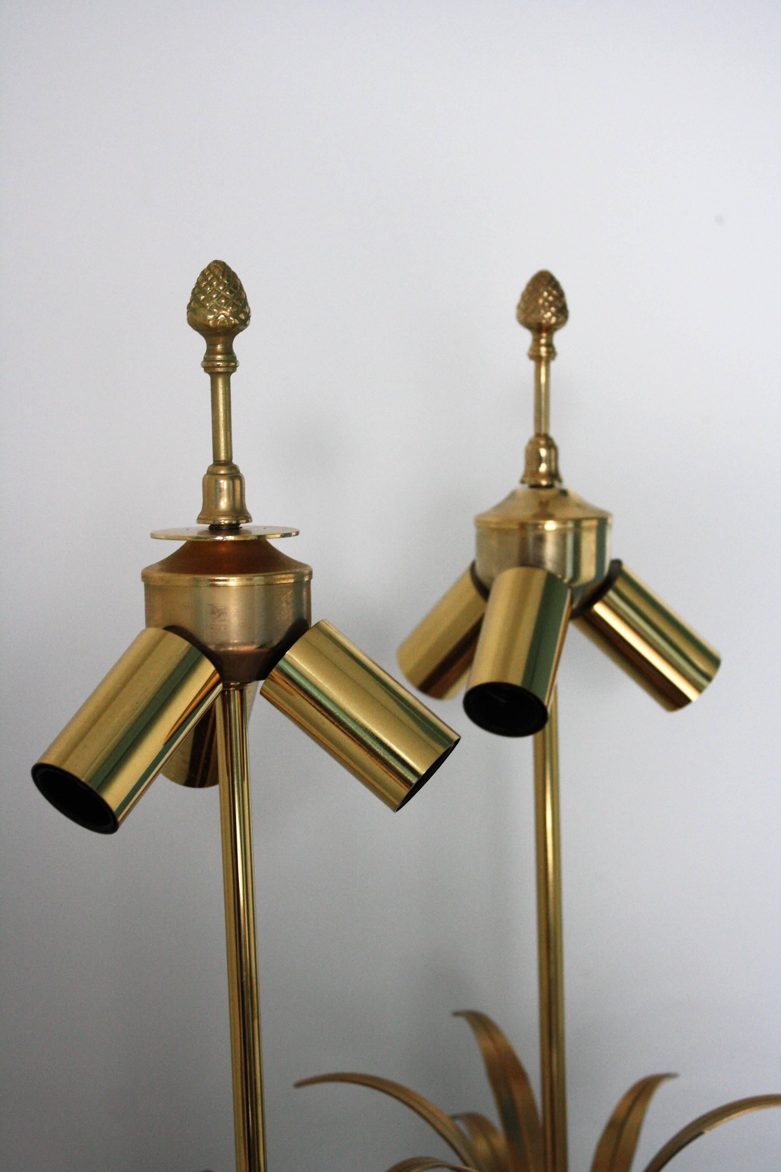 Mid-20th Century Pair of Brass Pineapple Leaf Table Lamps Attributed to Maison Charles, 1960s For Sale