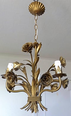 Midcentury Gilded Rose Flower Regency Chandelier, Italy, 1960s