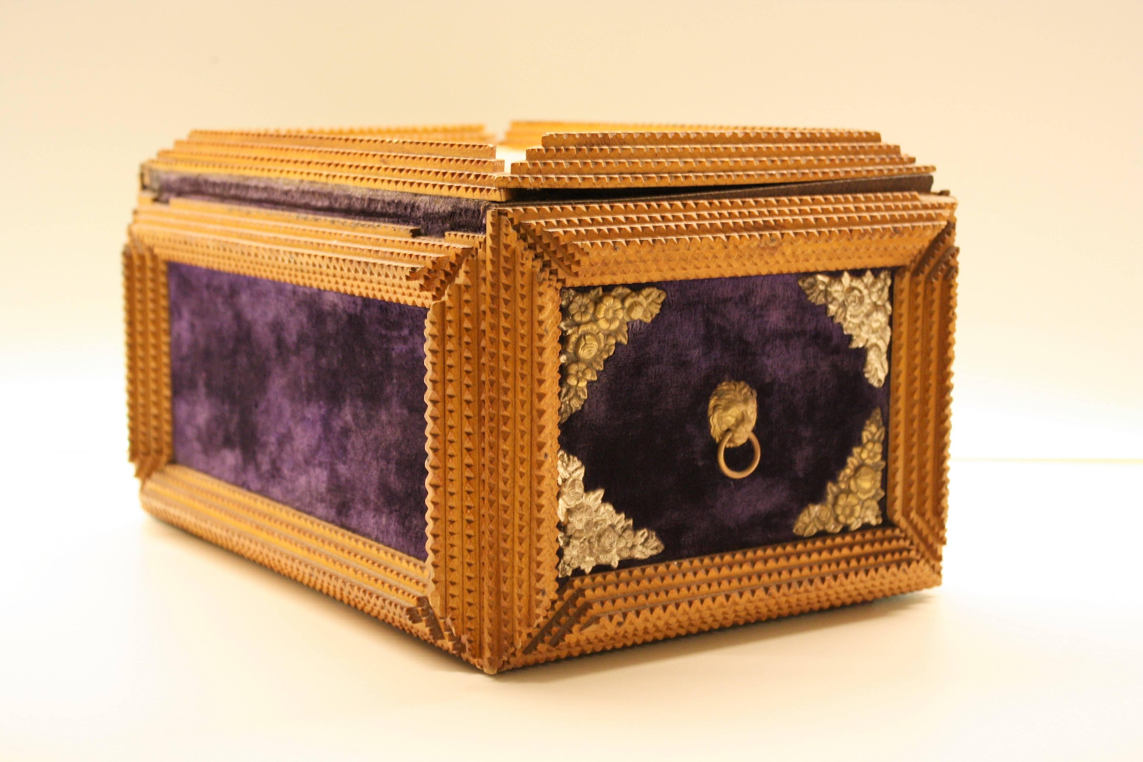 Folk Art Antique Velvet Tramp Art Box, 1920s For Sale