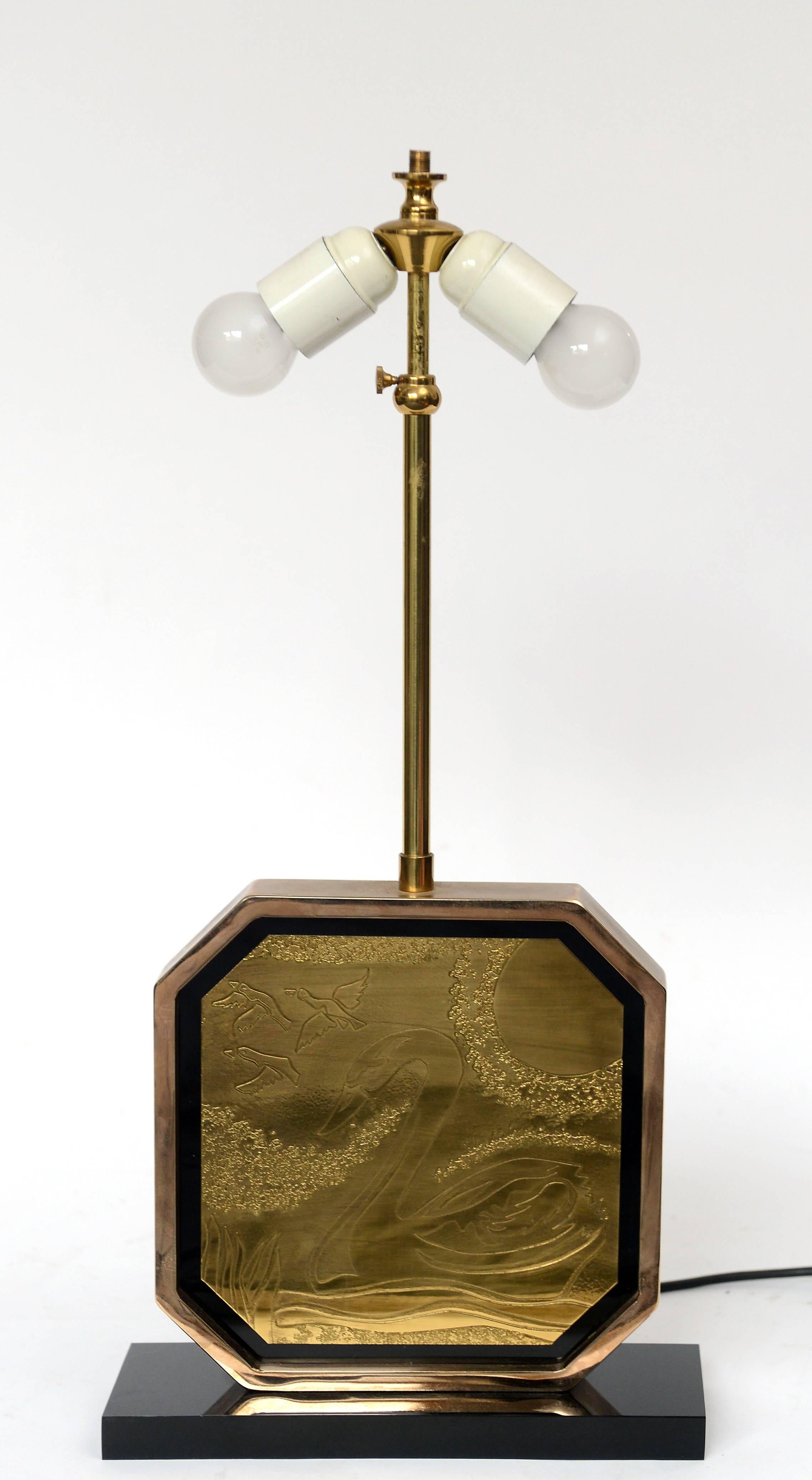 Hollywood Regency Brass Etched 23 Karat Gold-Plated Table Lamp by George Matthias For Sale