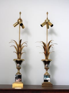 Pair of Brass Pineapple Leaf Table Lamps Attributed to Maison Charles, 1960s