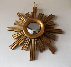 Small Gilded Sunburst Mirror with Convex Glass, 1950s