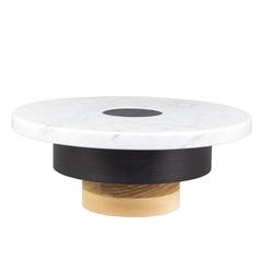 Sass Pedestal from Souda, Carrara Marble Top, Medium Wood Base, Serving Platter 4