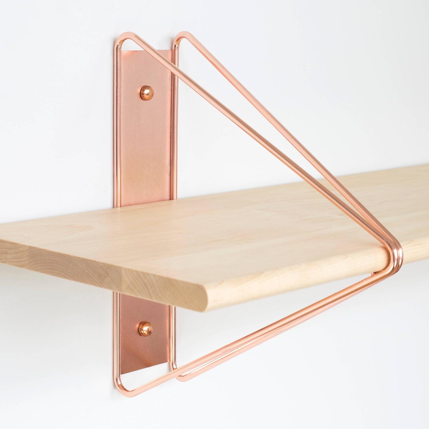 Strut Shelving System, Modern Wood Wall Shelf with Copper Brackets For