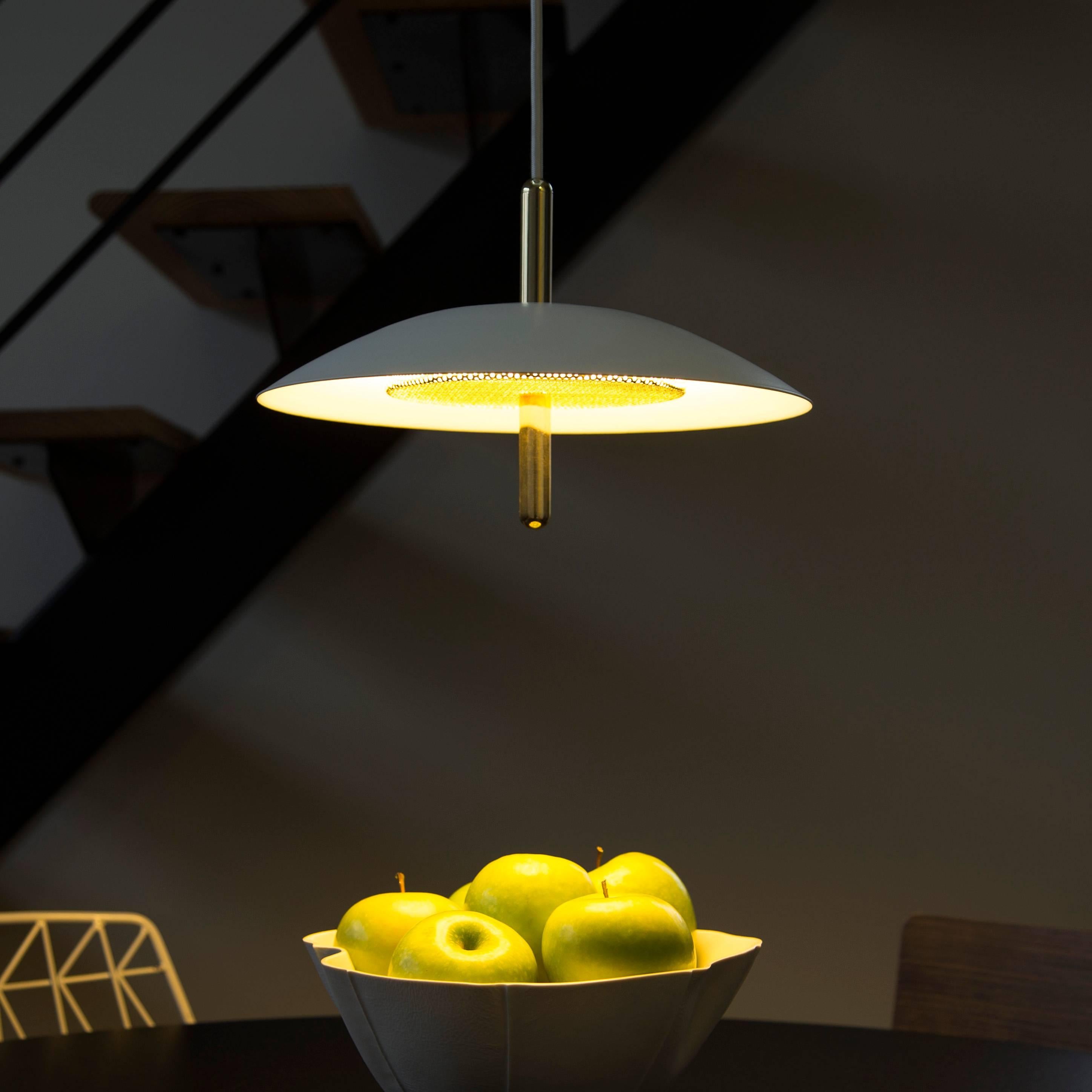 Utilizing warm LEDs and indirect light, signal pendants hover above any interior like a celestial body emitting a comforting glow. Consisting of a spun metal shade pierced by a polished central stem, the signal pendant is minimal and expressive.