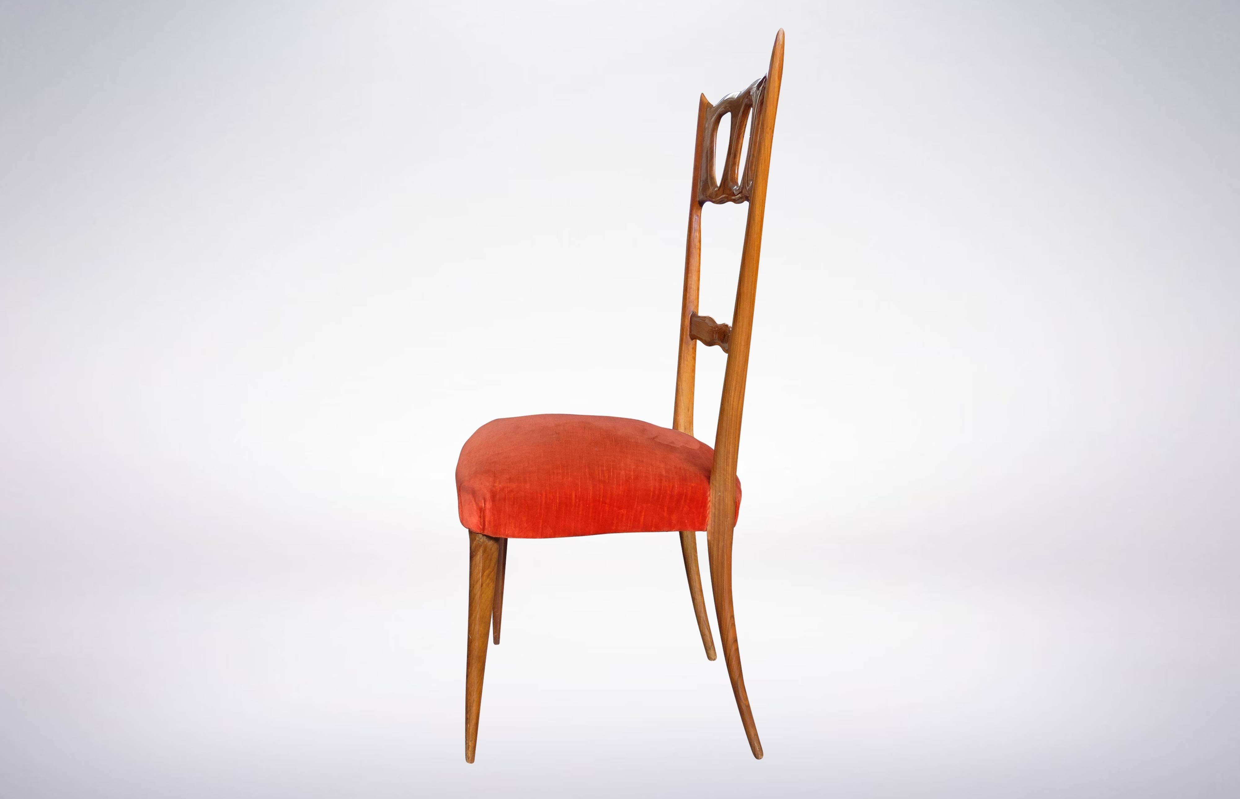 Italian Paolo Buffa, Set of Six Elegant Walnut and Red Velvet Chairs