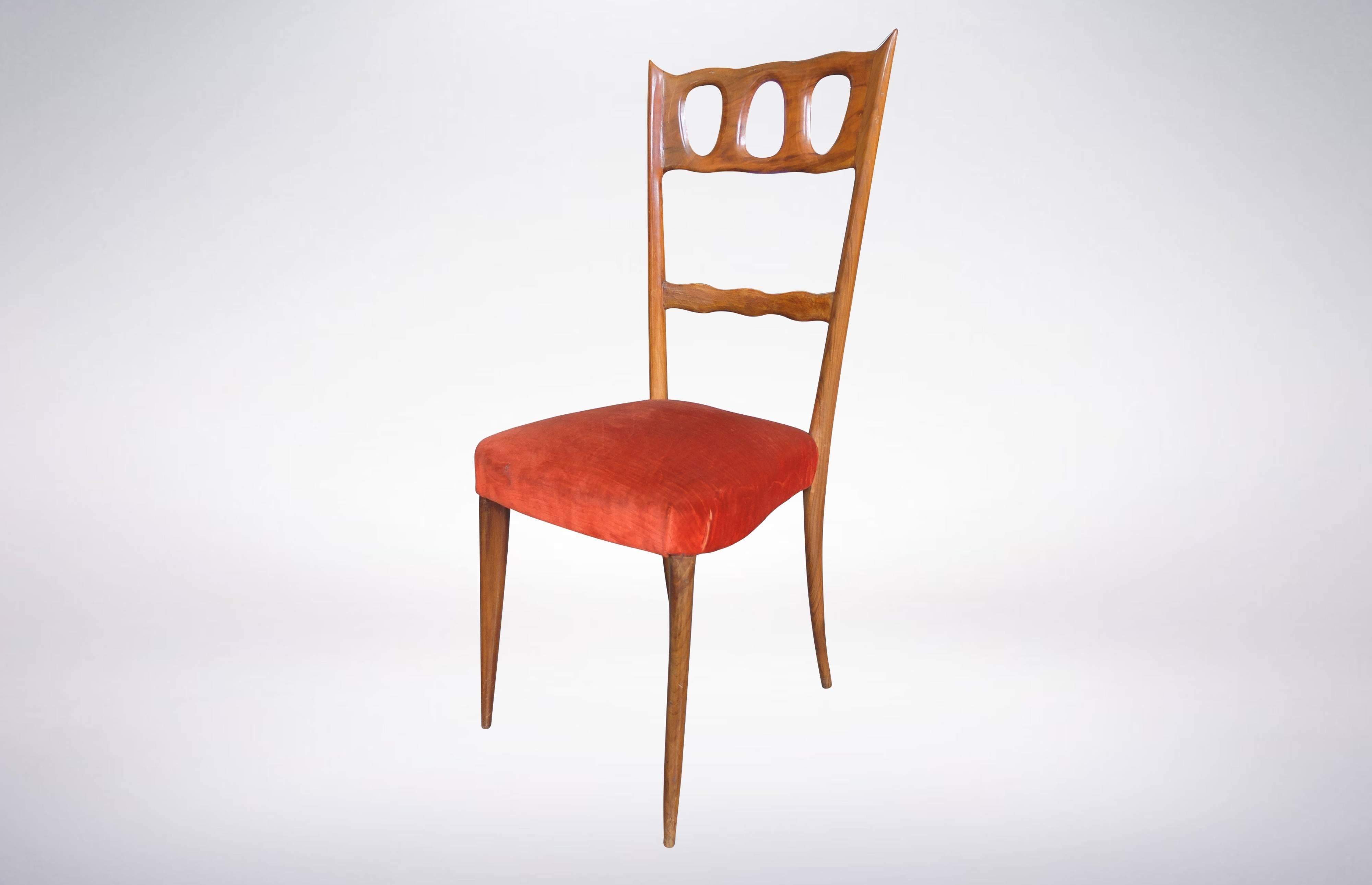 Mid-Century Modern Paolo Buffa, Set of Six Elegant Walnut and Red Velvet Chairs