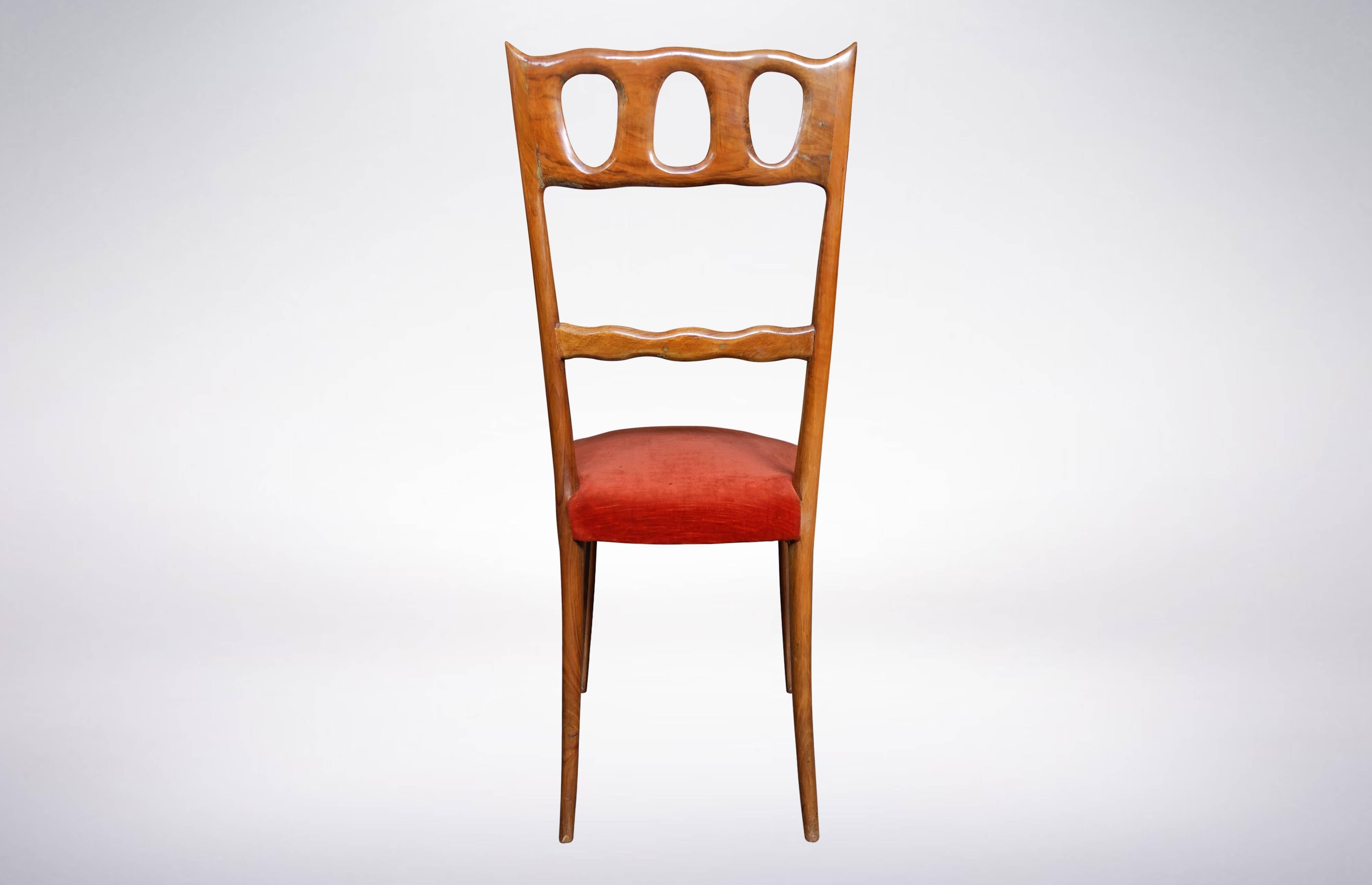 Polished Paolo Buffa, Set of Six Elegant Walnut and Red Velvet Chairs