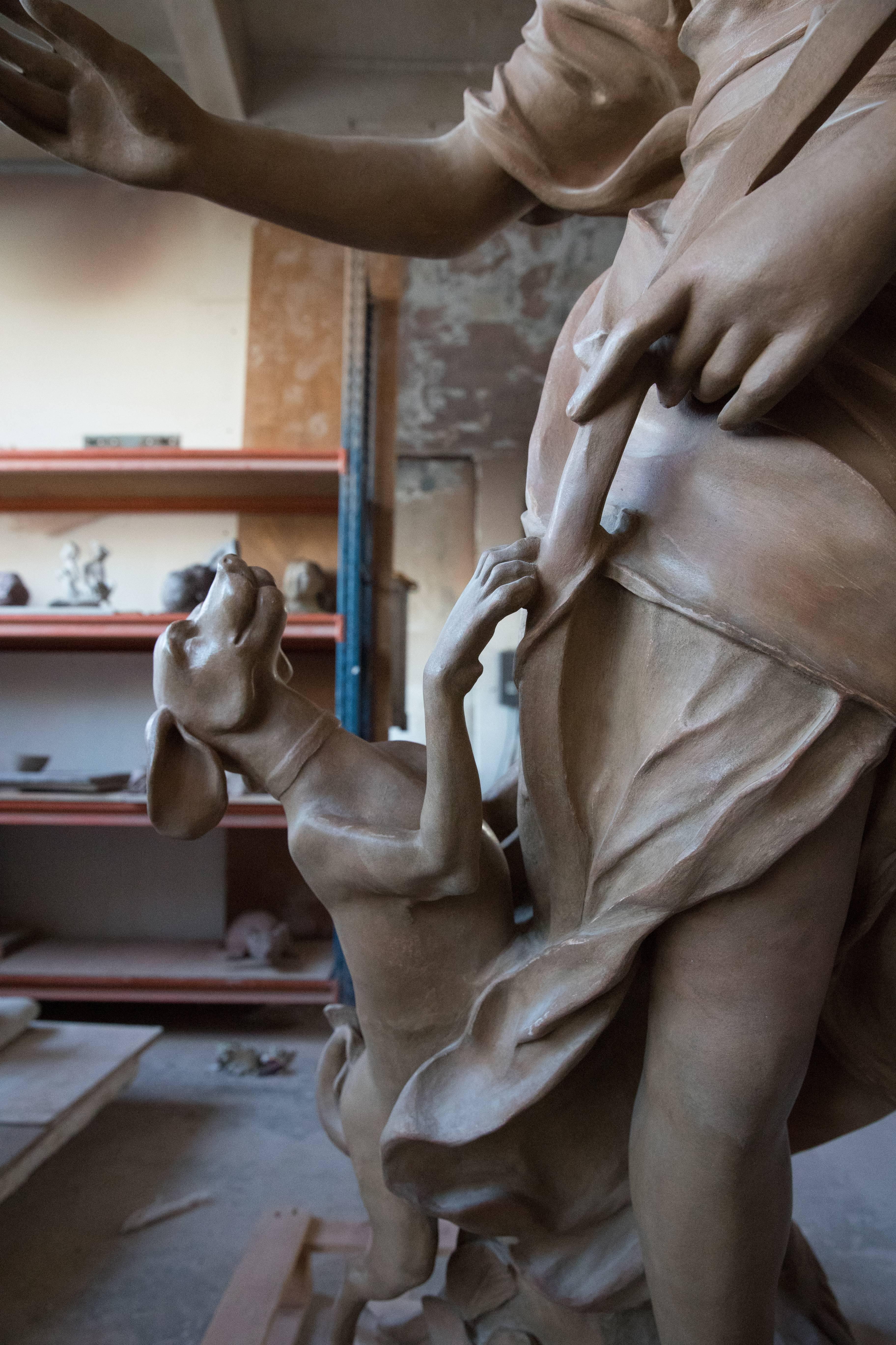 Embossed Exceptional Terracotta Statue Compagne De Diane after René Frémin For Sale