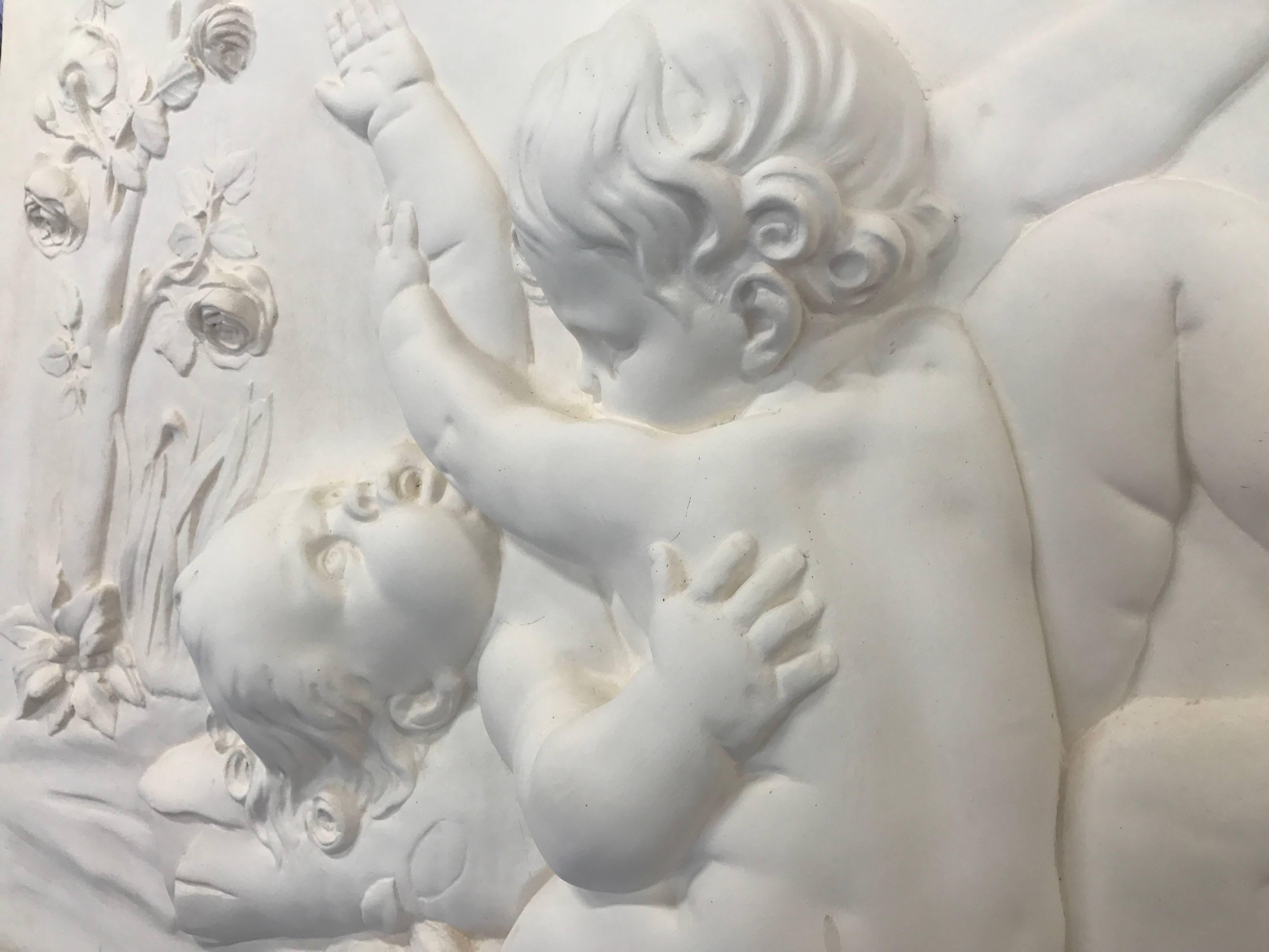 French Bas Relief In Plaster Children playing on a swing For Sale