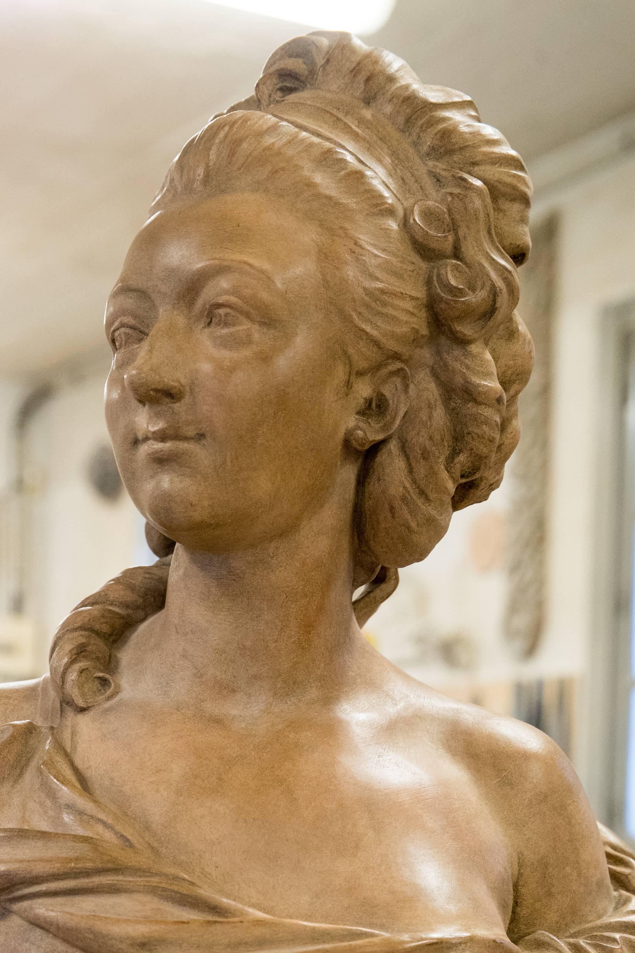 Louis XV Antique Patina Terracotta Bust Louise de Pange after Augustin Pajou '1730-1809' For Sale