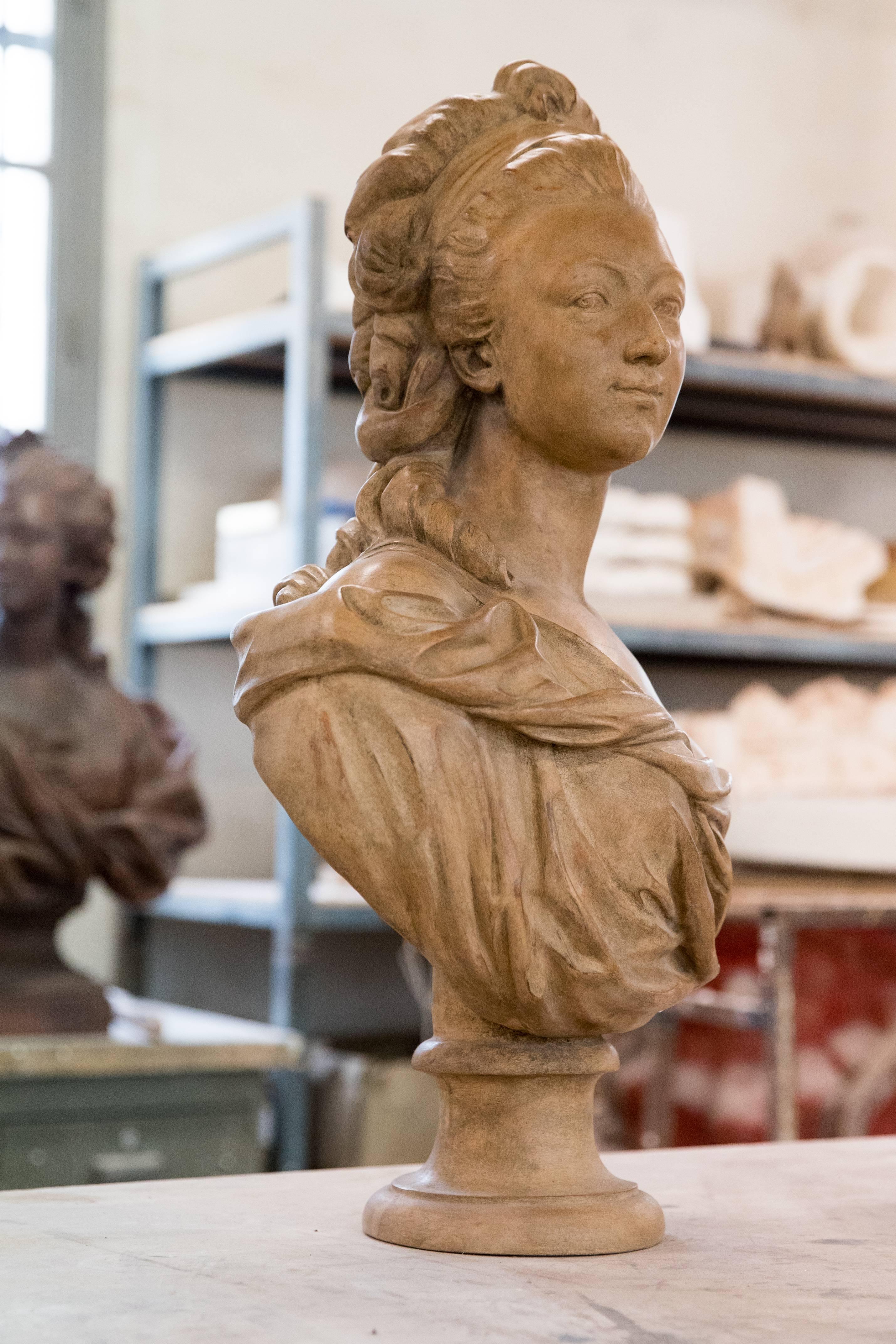 French Antique Patina Terracotta Bust Louise de Pange after Augustin Pajou '1730-1809' For Sale