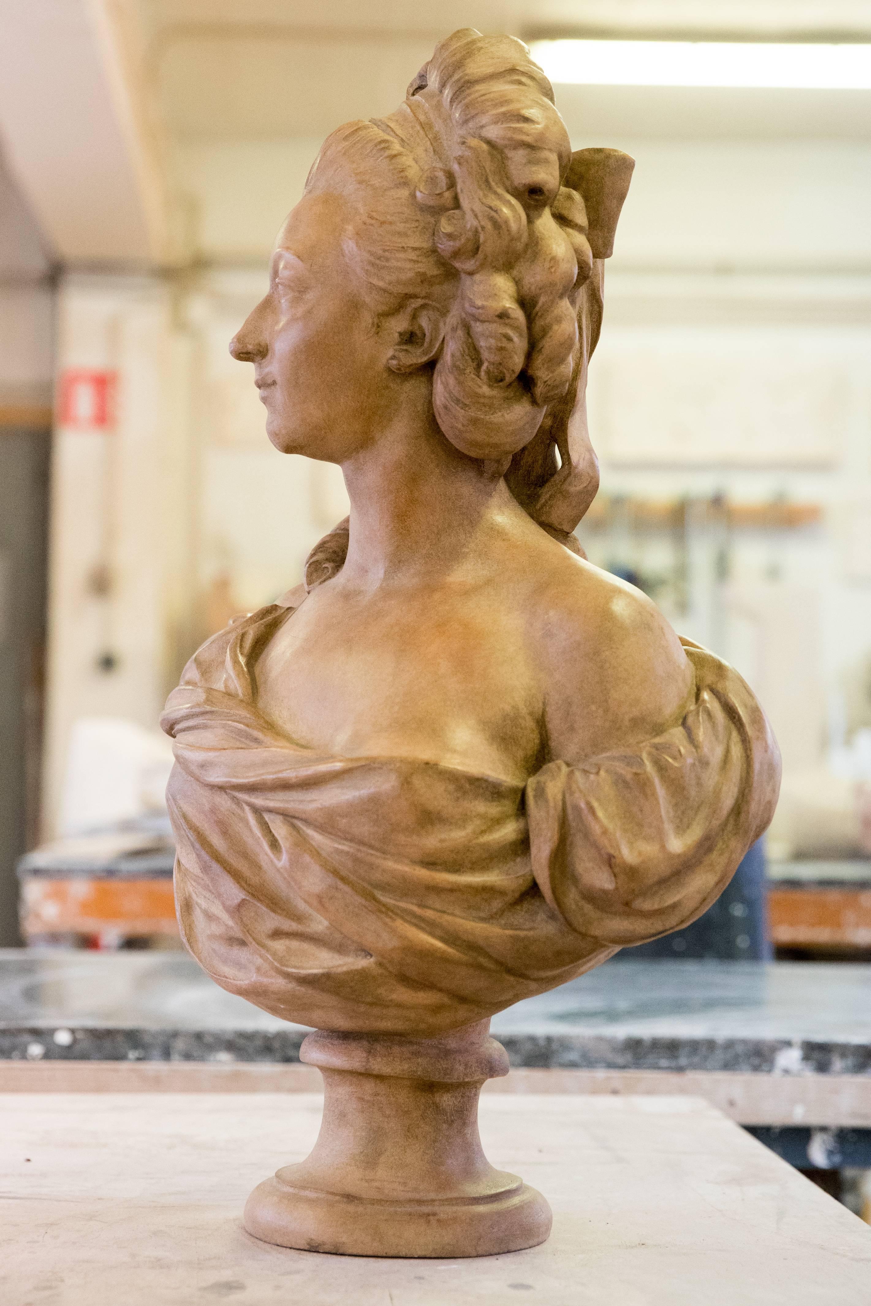 Embossed Antique Patina Terracotta Bust Louise de Pange after Augustin Pajou '1730-1809' For Sale