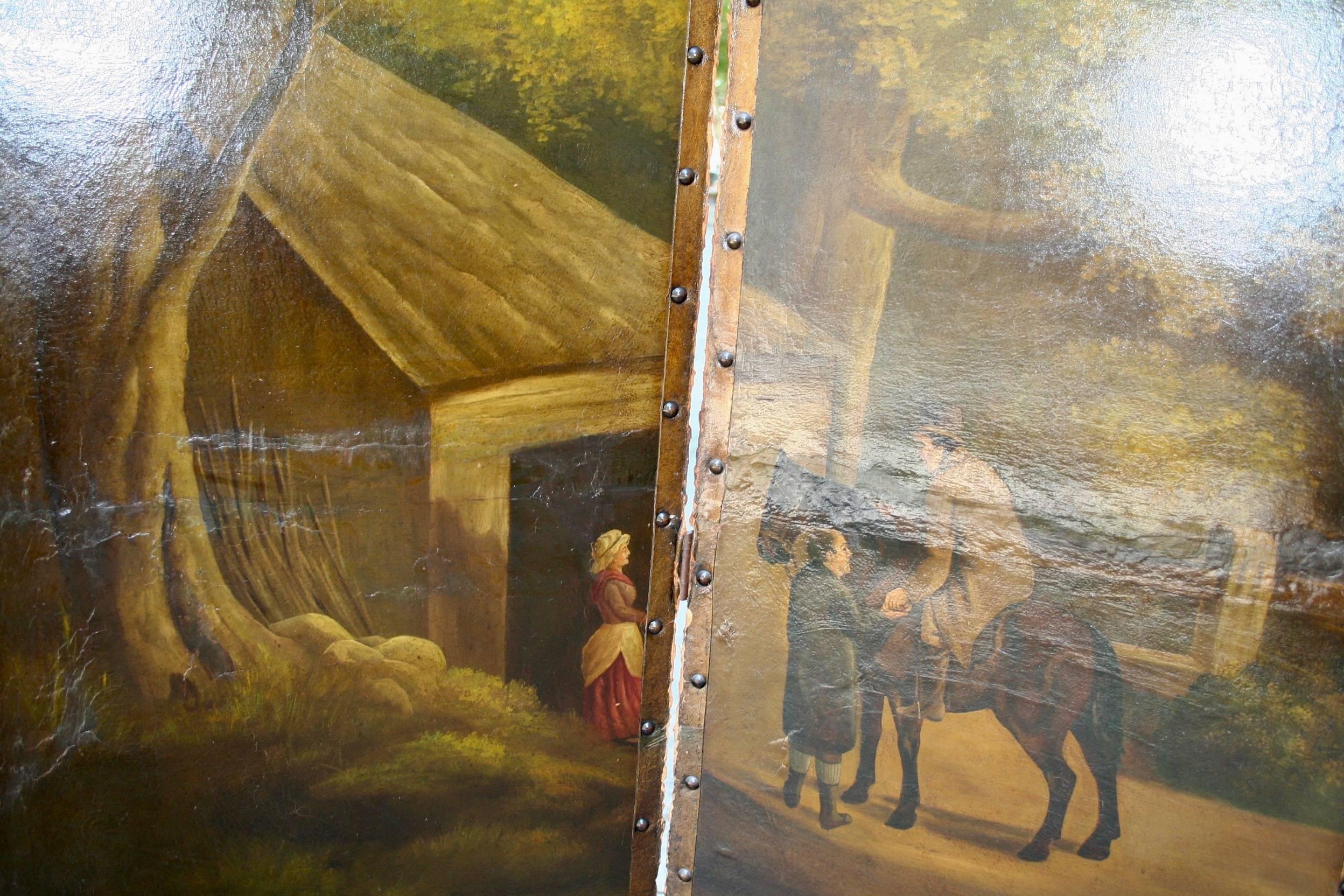 19th century four leave screen. Oil on canvas. English countryside scenes. Very decorative. Restored at some point.

    