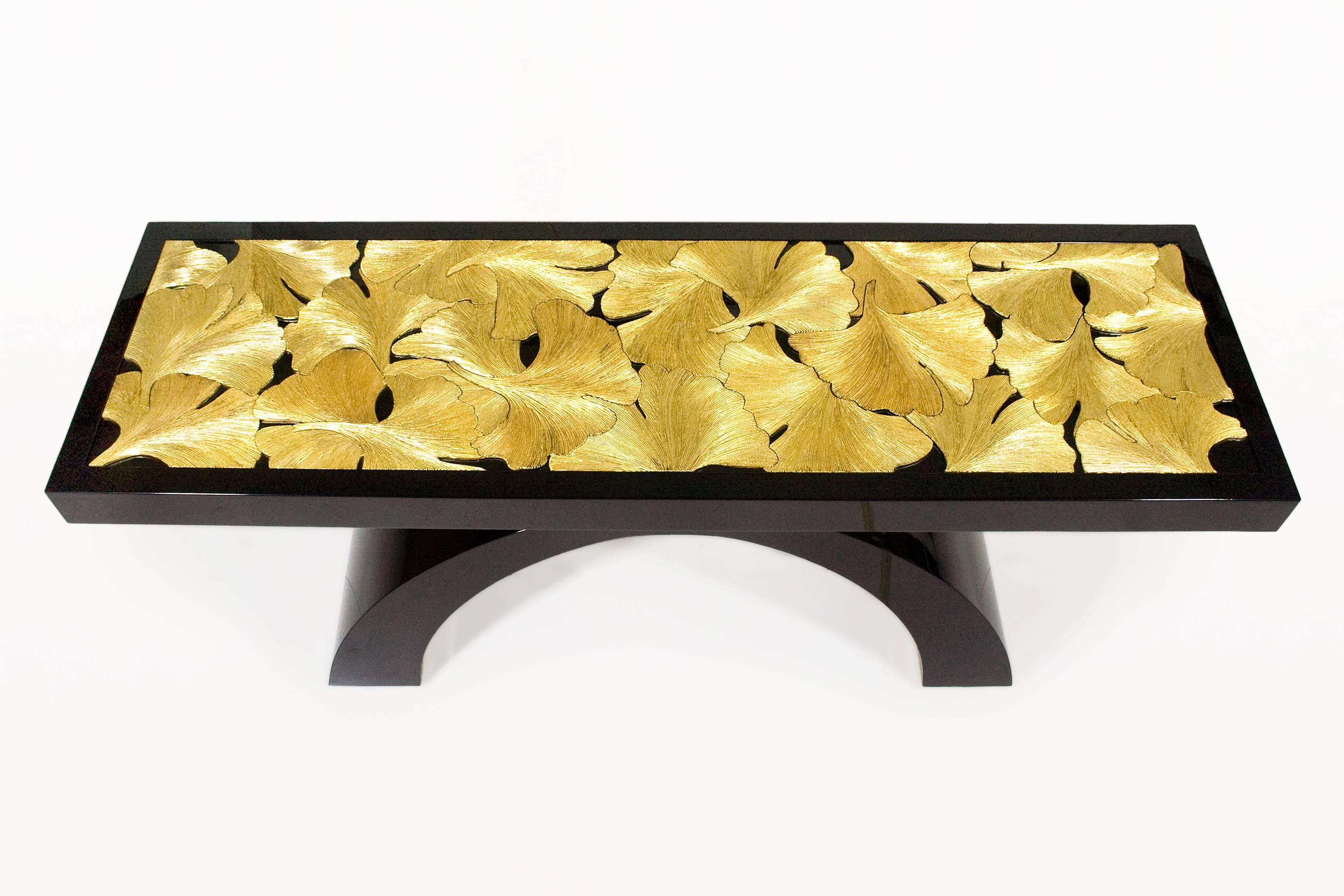 Modern Wood Lacquered Console with Leaves in Gold For Sale