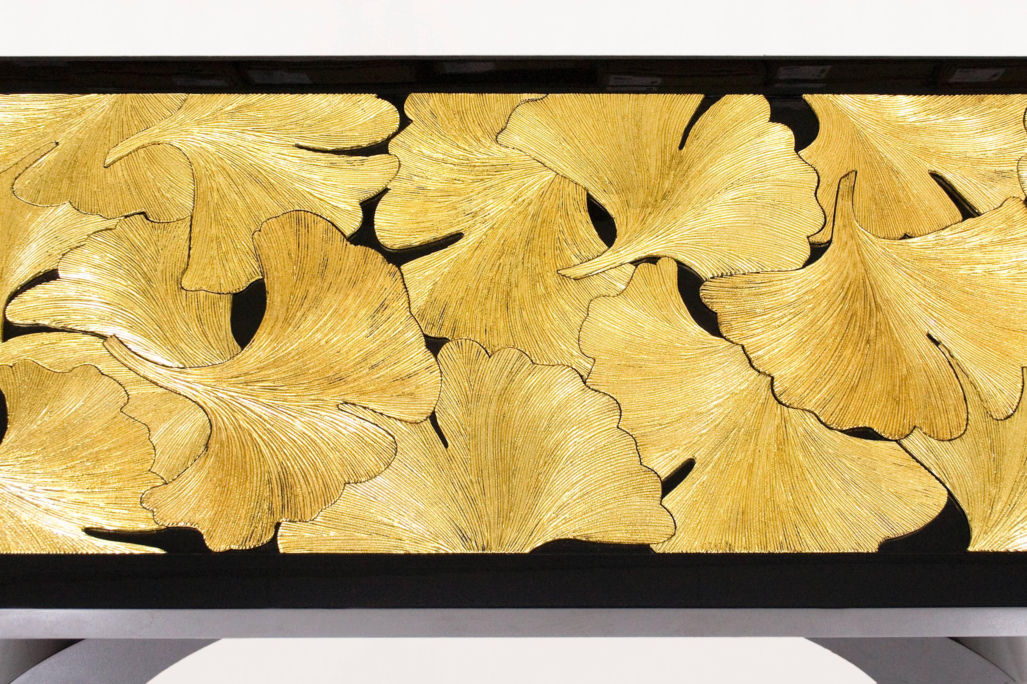 Contemporary Wood Lacquered Console with Leaves in Gold For Sale