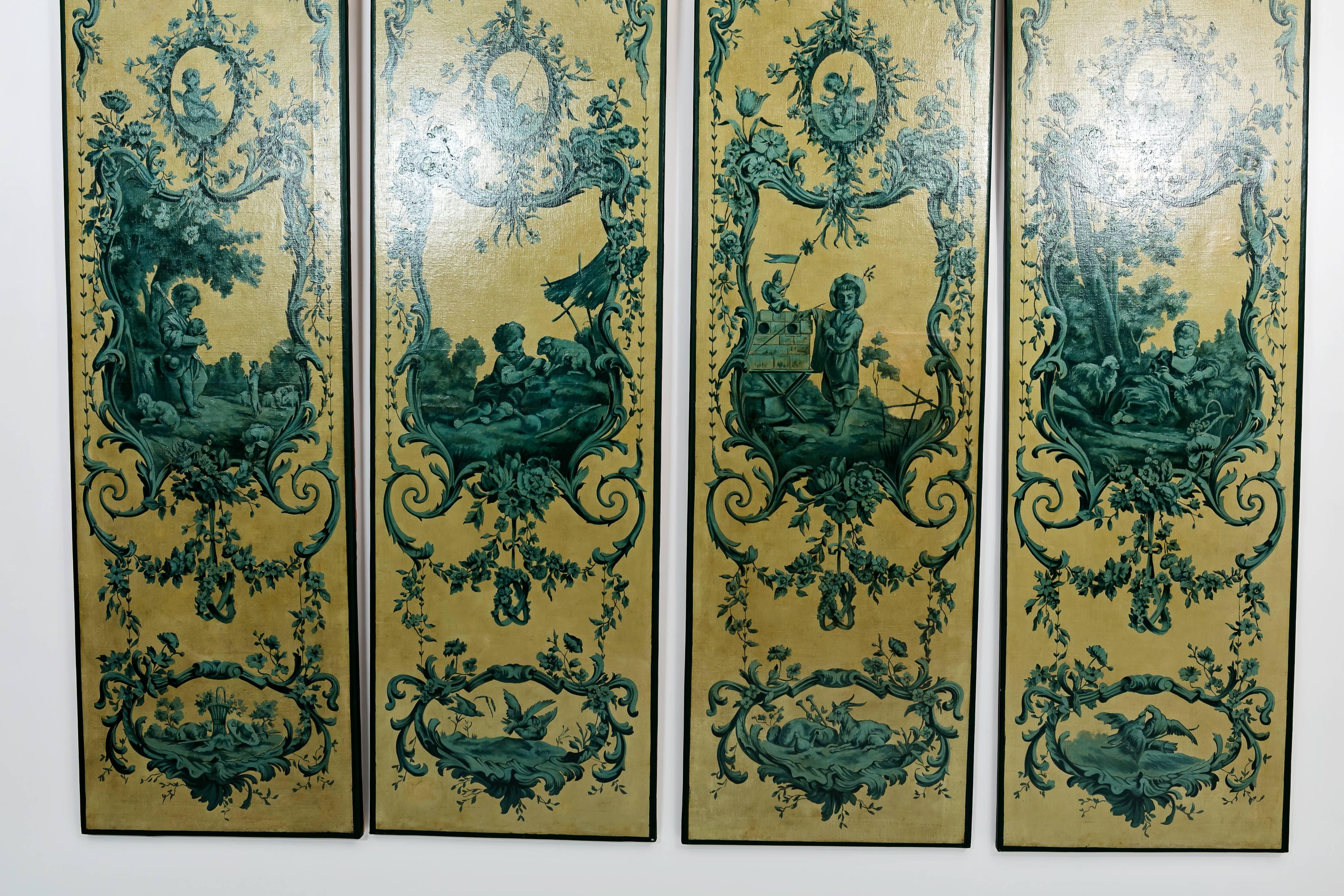 Four Italian 19th century blue grisailles evoking the four seasons. Very rare because of the blue colour. The panels in canvas have been restored.
 