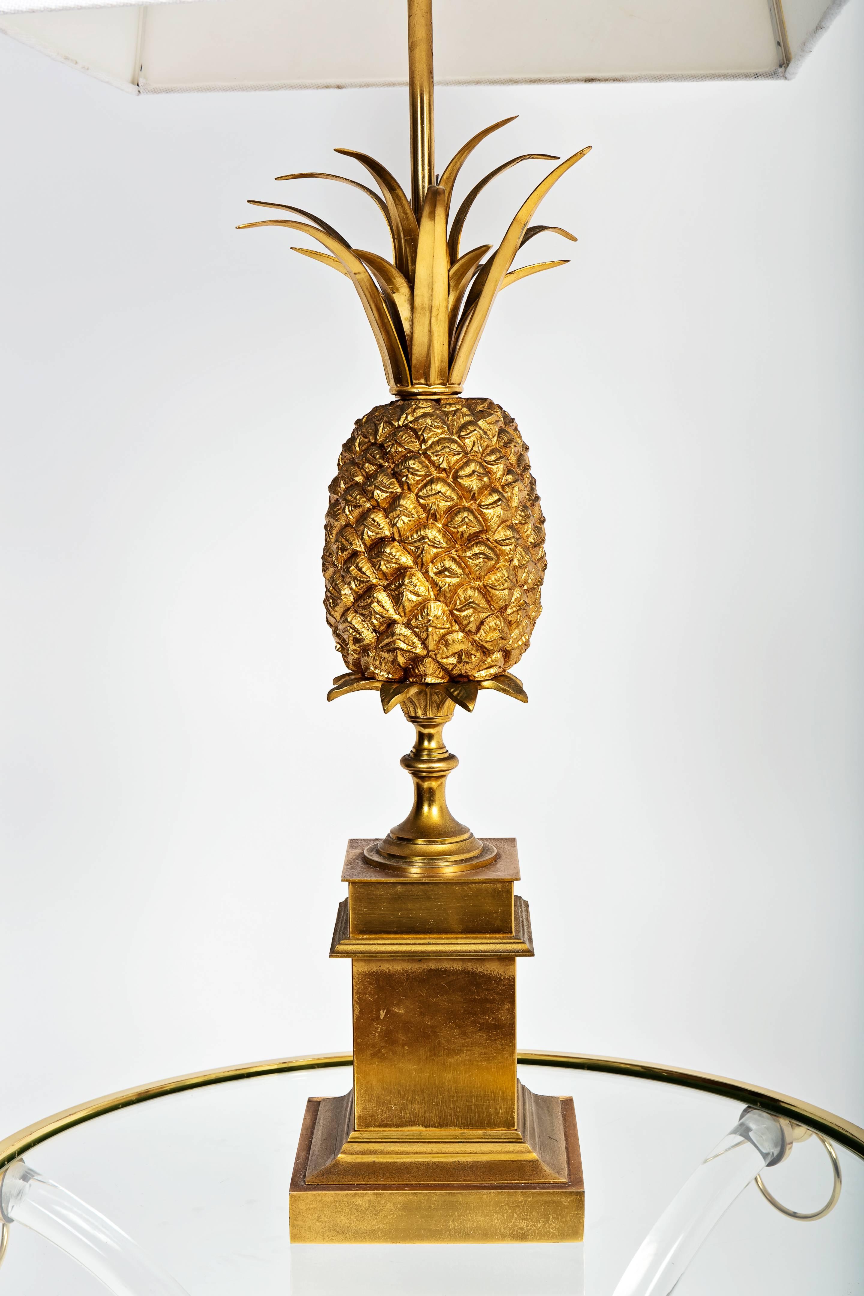 1970s pineapple bronze lamp, Spain. With white shade.
  