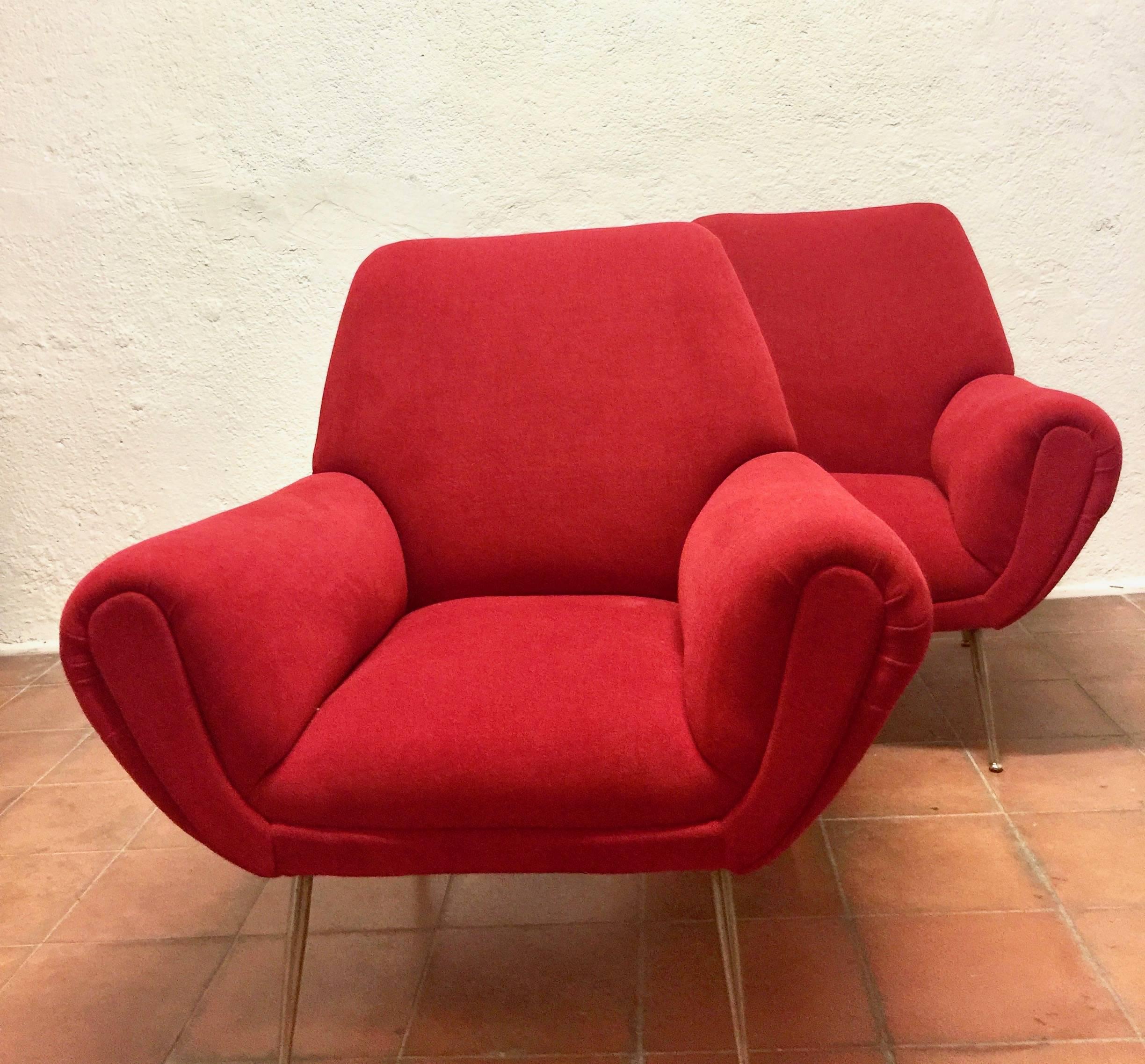 Pair of Italian armchairs. Reupholstered in red. Originally in the same color SM imitation leather.
          