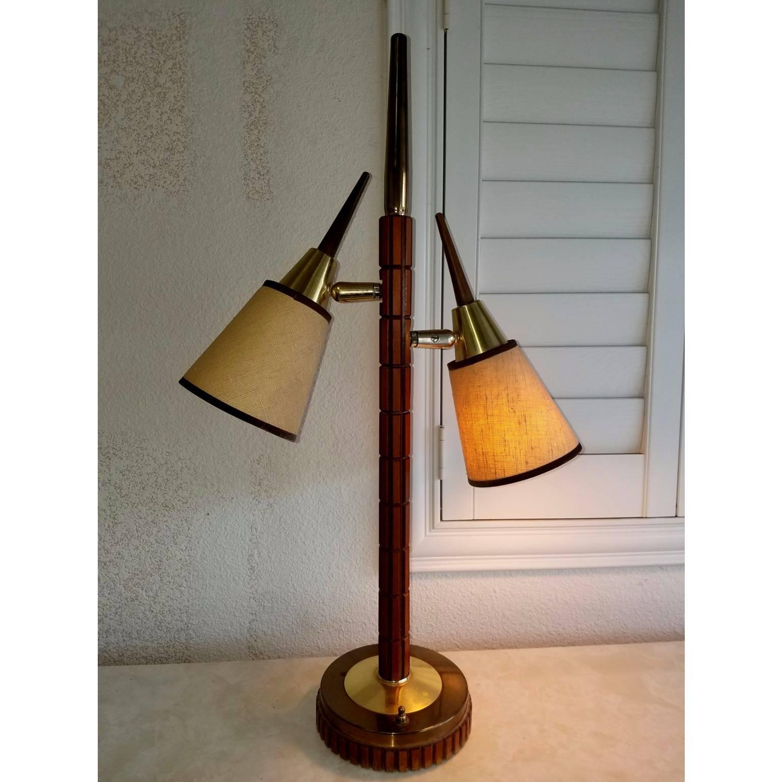Mid-Century Modern Mid-Century Wood Danish Metal Three Switch Table Lamp For Sale