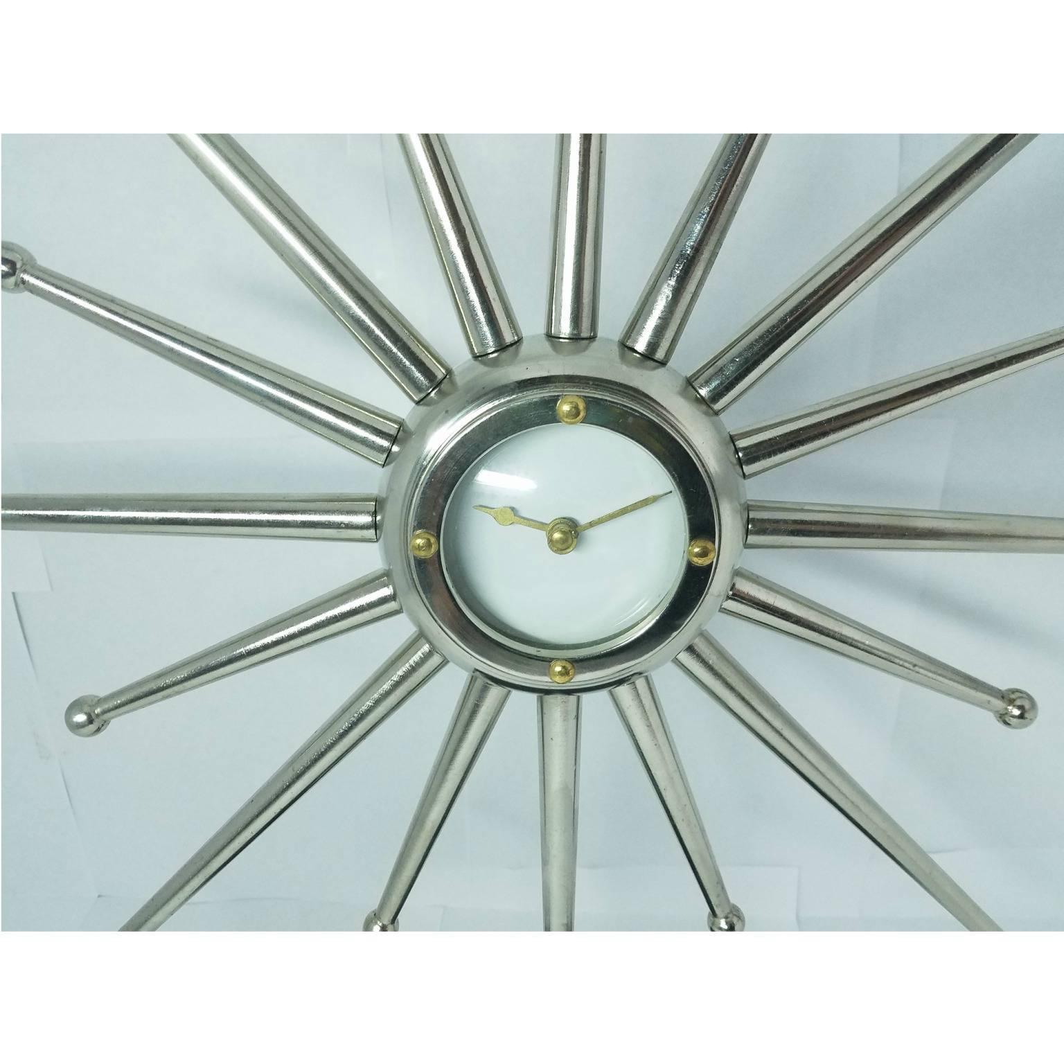Machine-Made Mid-Century Steel Starburst Pedistool Clock For Sale