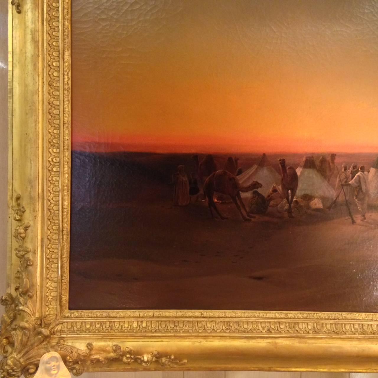 Very beautiful orientalist school of the late 19th century representing a Berber encampment attacked by lions at sunset.
Oil on canvas in perfect state on its original wood chassis.
No signature.
Original gilded wood frame.
Overall dimensions: