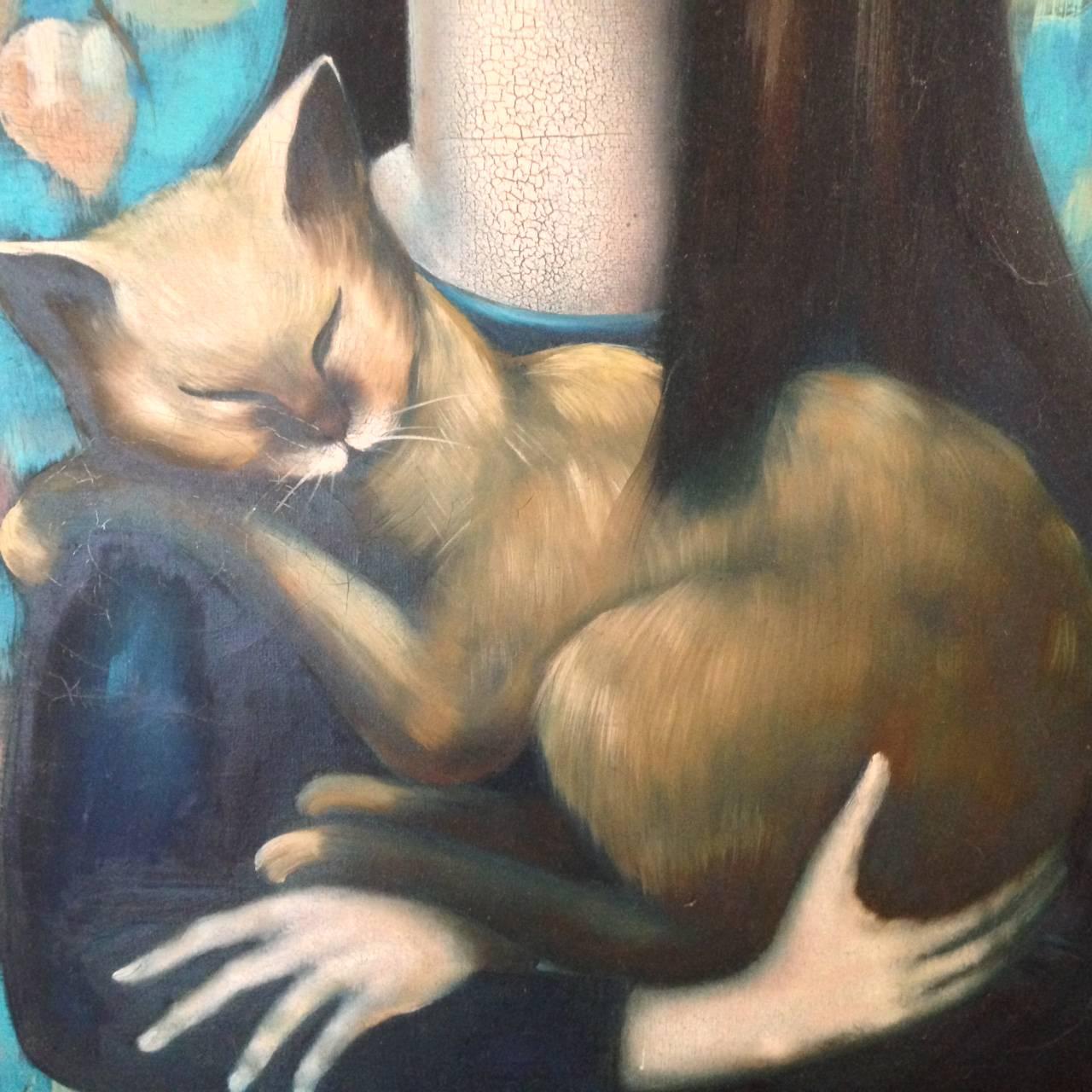 20th Century Oil on Canvas Woman with a Cat For Sale 3