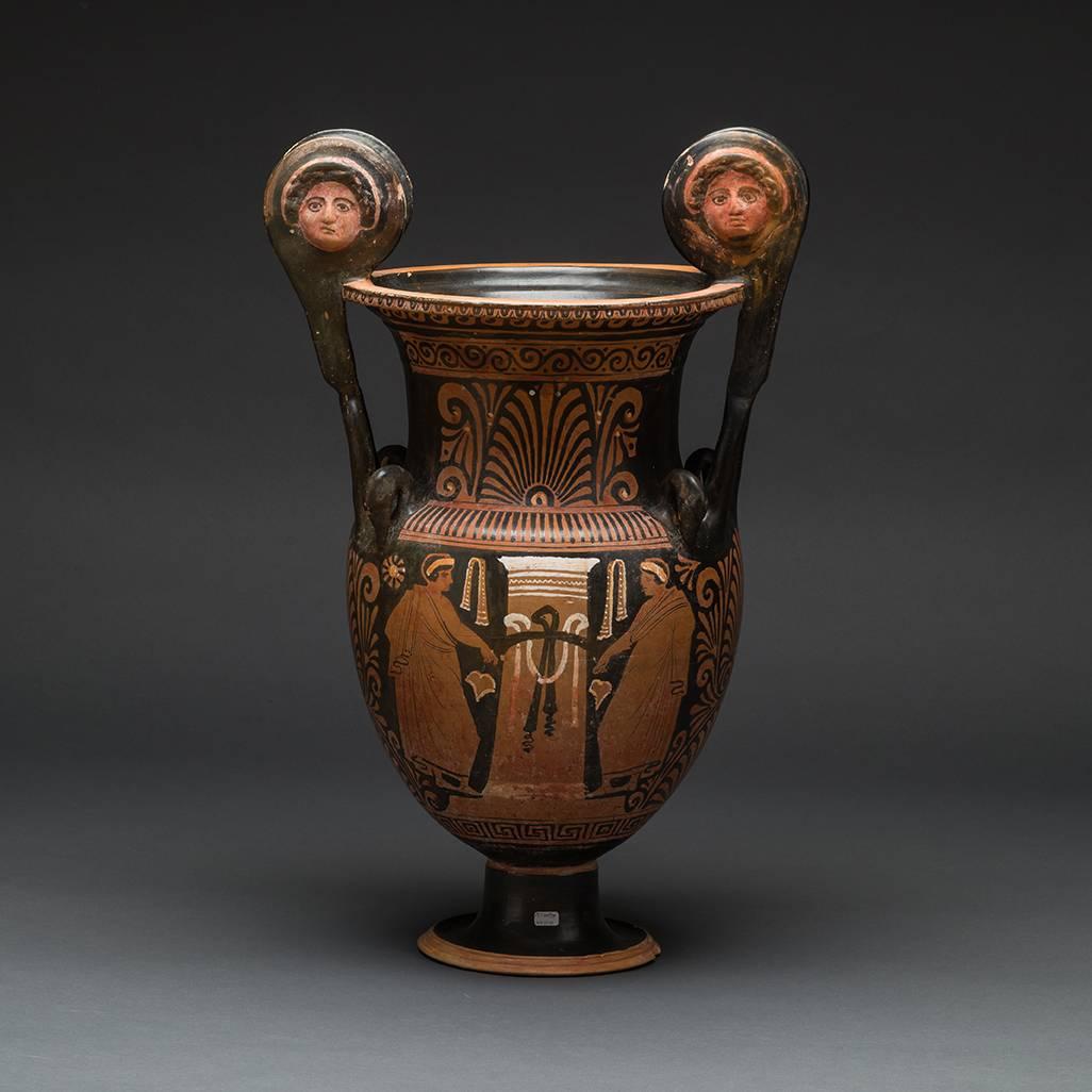The volute krater, named after the shape of its handles, was originally employed for mixing wine with water. Many elaborately decorated examples, such as this, though, also acquired a funerary destination, a function which seems to be confirmed by