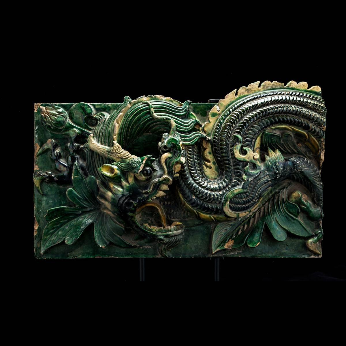 Pair of Ming Glazed Terracotta Temple Wall Tiles Depicting a Dragon In Good Condition For Sale In Beverly Hills, CA