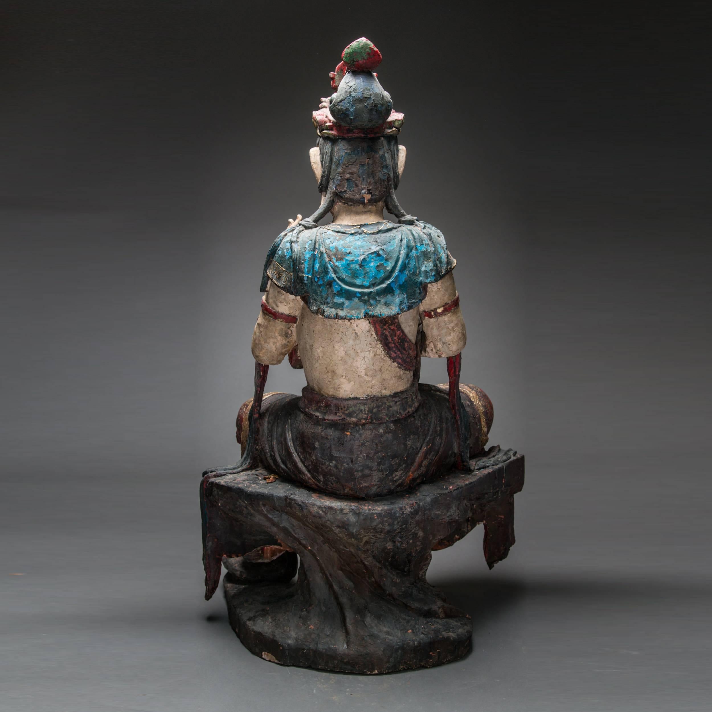 18th Century and Earlier Ming Dynasty Wooden Polychromed Guanyin For Sale