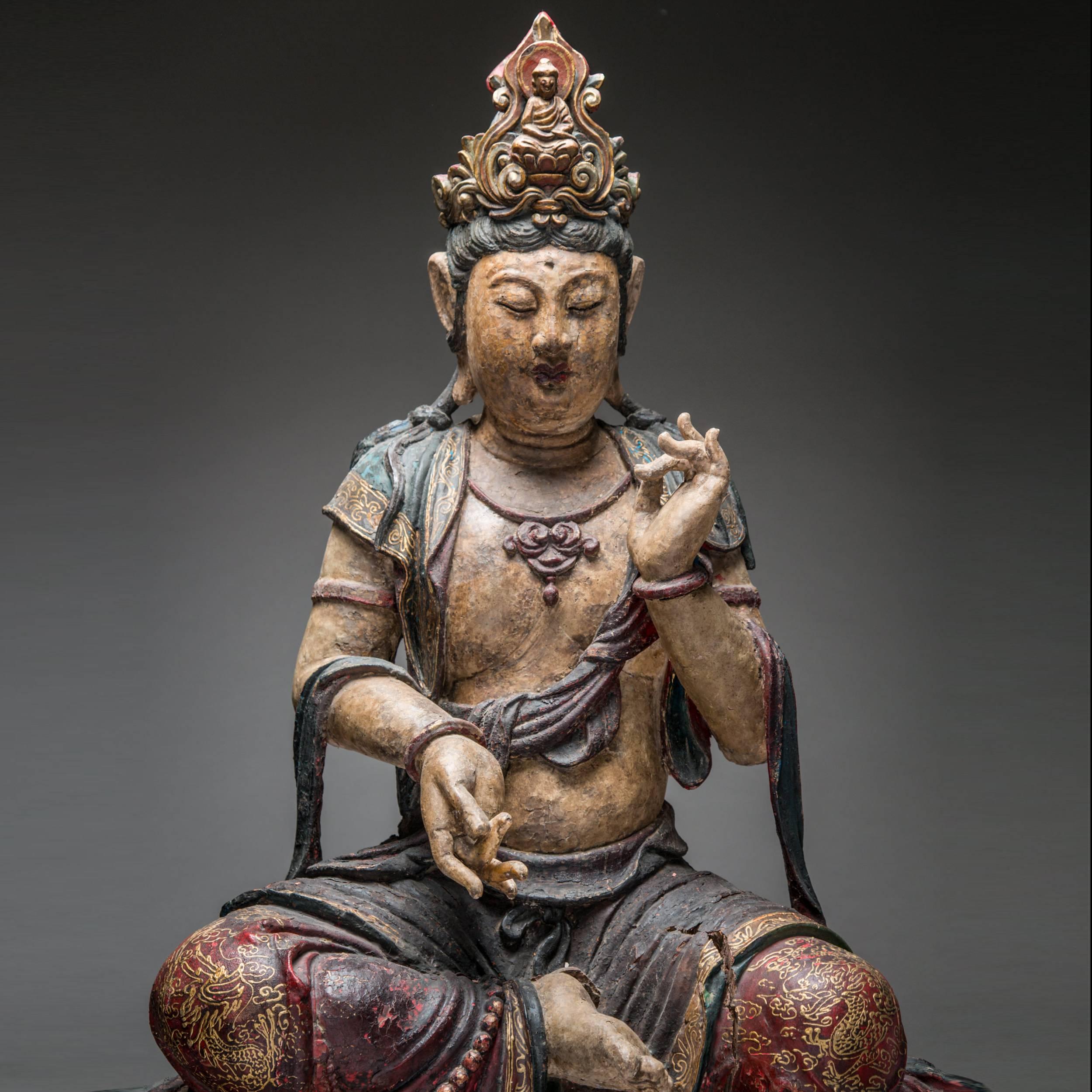 Chinese Ming Dynasty Wooden Polychromed Guanyin For Sale