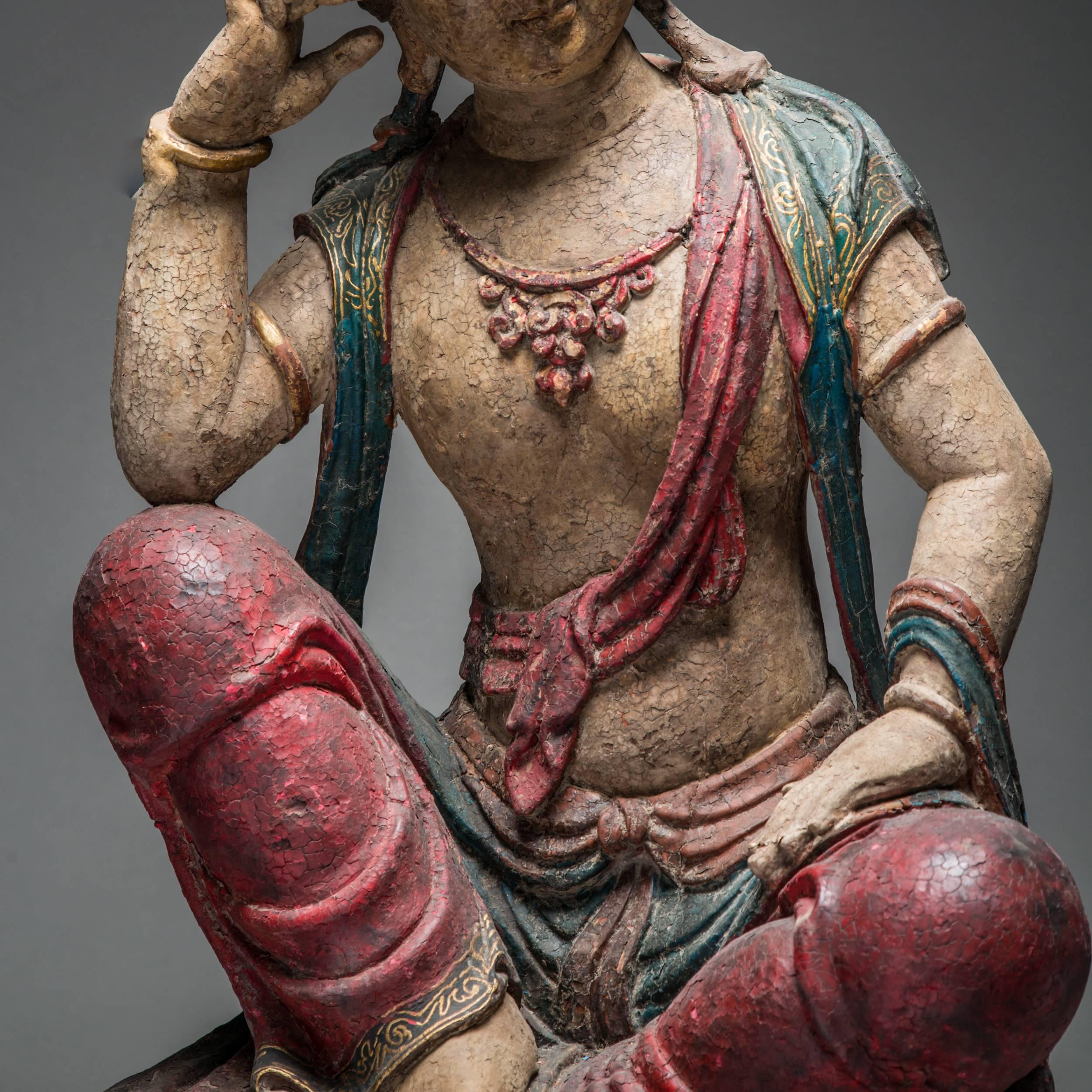 Chinese Ming Dynasty Wooden Polychromed Bodhisattva For Sale