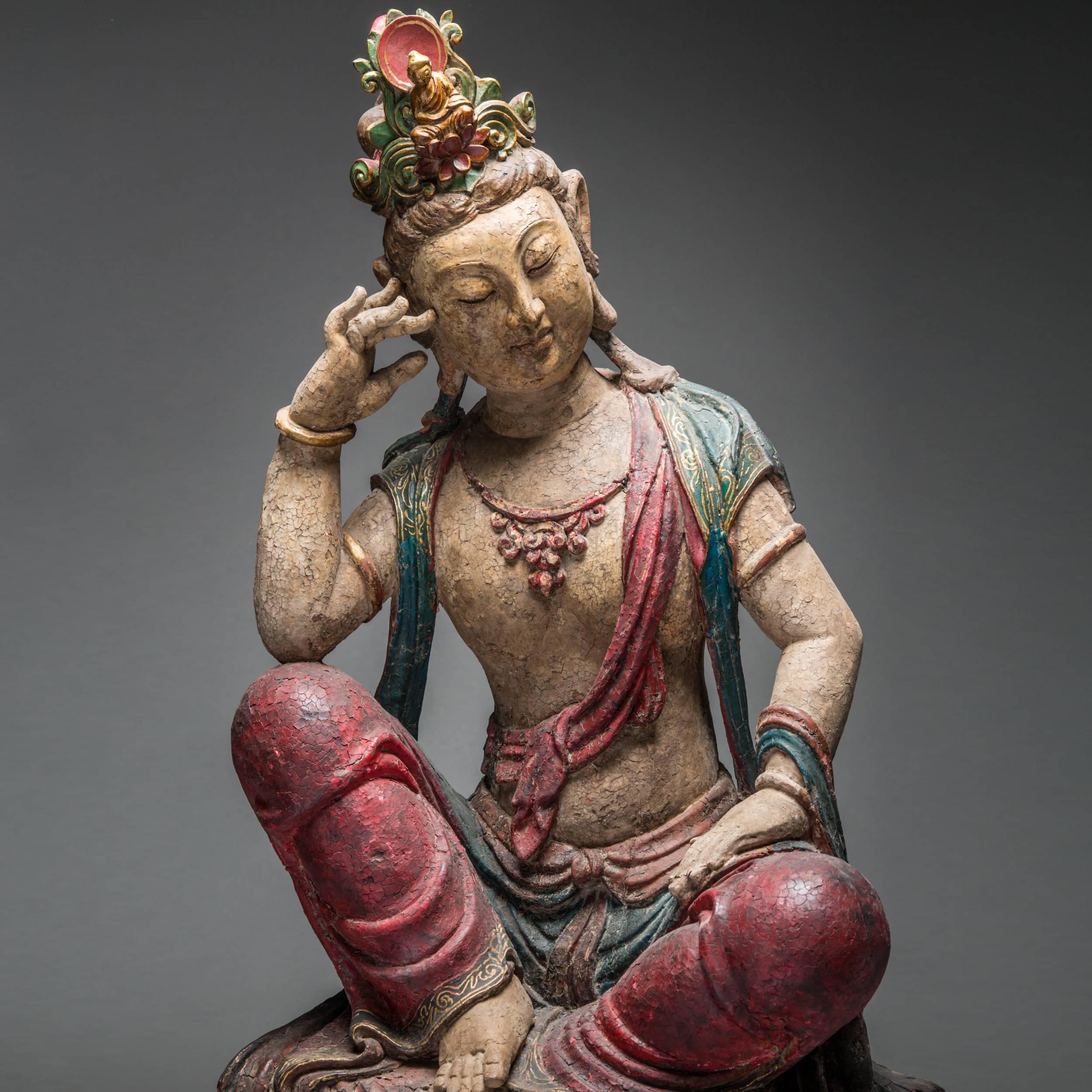 Representation of the Bodhisattva of Mercy, known as Avalokiteshvara, or Guanyin in Chinese. Bodhisattvas were originally depicted as the Buddha’s attendants but increasingly came to be venerated in their own right. Avalokiteshvara is identifiable