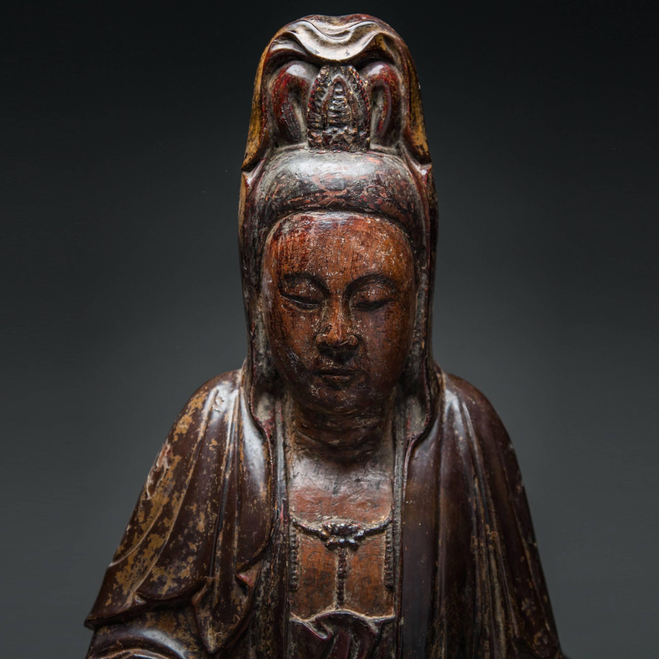 Chinese Ming Dynasty Lacquered Wood Guanyin For Sale