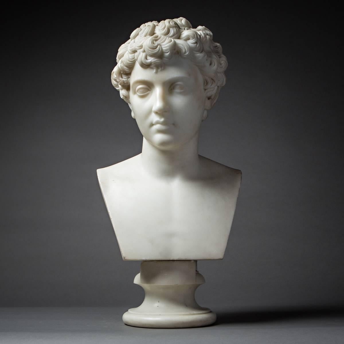 This beautifully rendered marble carving of the young Marcus Aurelius was made during or after the Enlightenment, in the spirit of the antique originals of ancient Rome. These pieces were found during the Great Tours of the 18th and early 19th