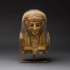 Egyptian Cartonnage Mask of a Man Wearing an Elaborate Painted Headdress