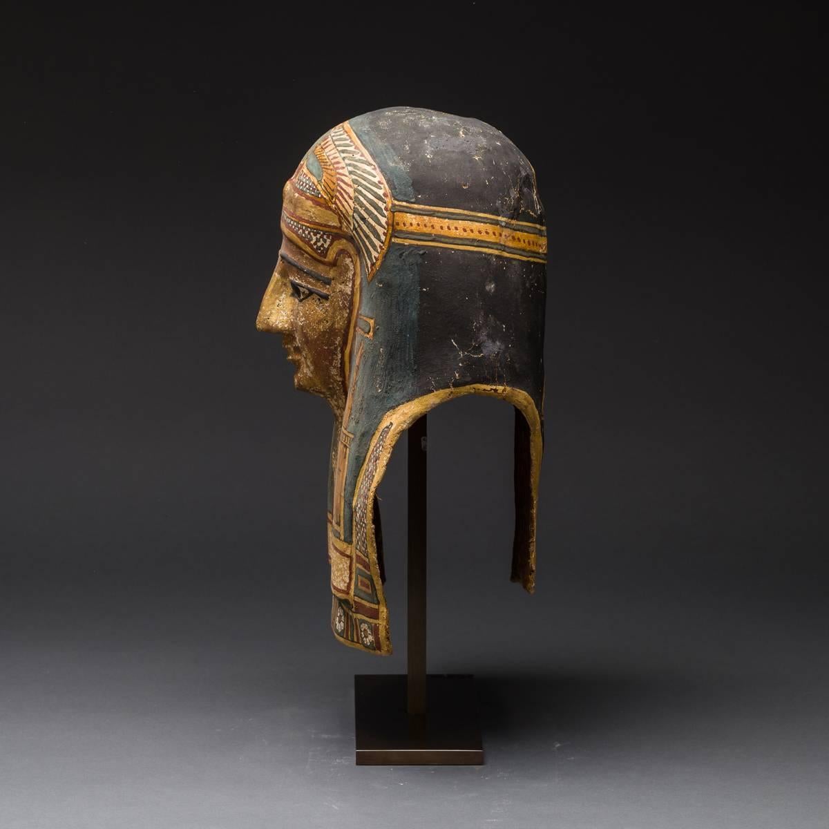 Egyptian Cartonnage Mask of a Man Wearing an Elaborate Painted Headdress In Good Condition For Sale In Beverly Hills, CA