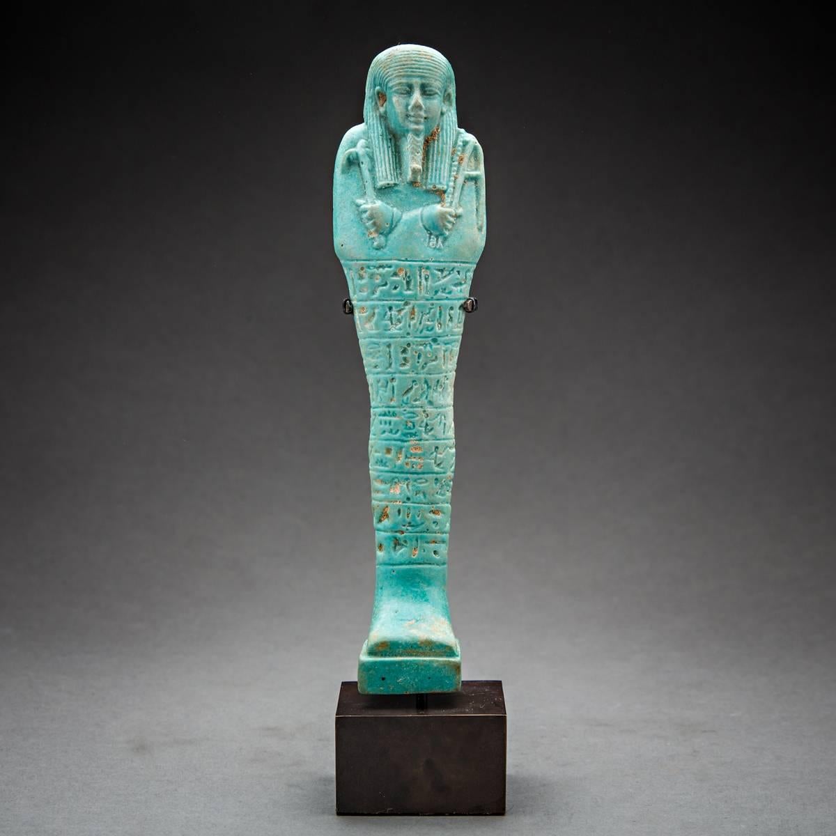 Ushabti were funerary figurines placed in tombs among the grave goods in Ancient Egypt and were intended to act as servant figures that carried out the tasks required of the deceased in the underworld. Very often they carry inscriptions in