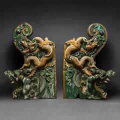 Pair of Ming Dynasty Glazed Dragon Temple Tiles