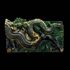 Pair of Ming Glazed Terracotta Temple Wall Tiles Depicting a Dragon